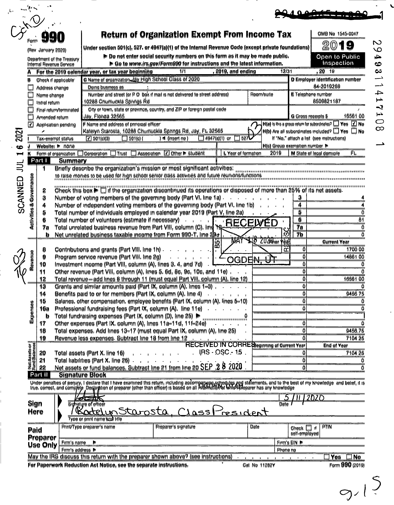 Image of first page of 2019 Form 990 for Jay High School Class of 2020