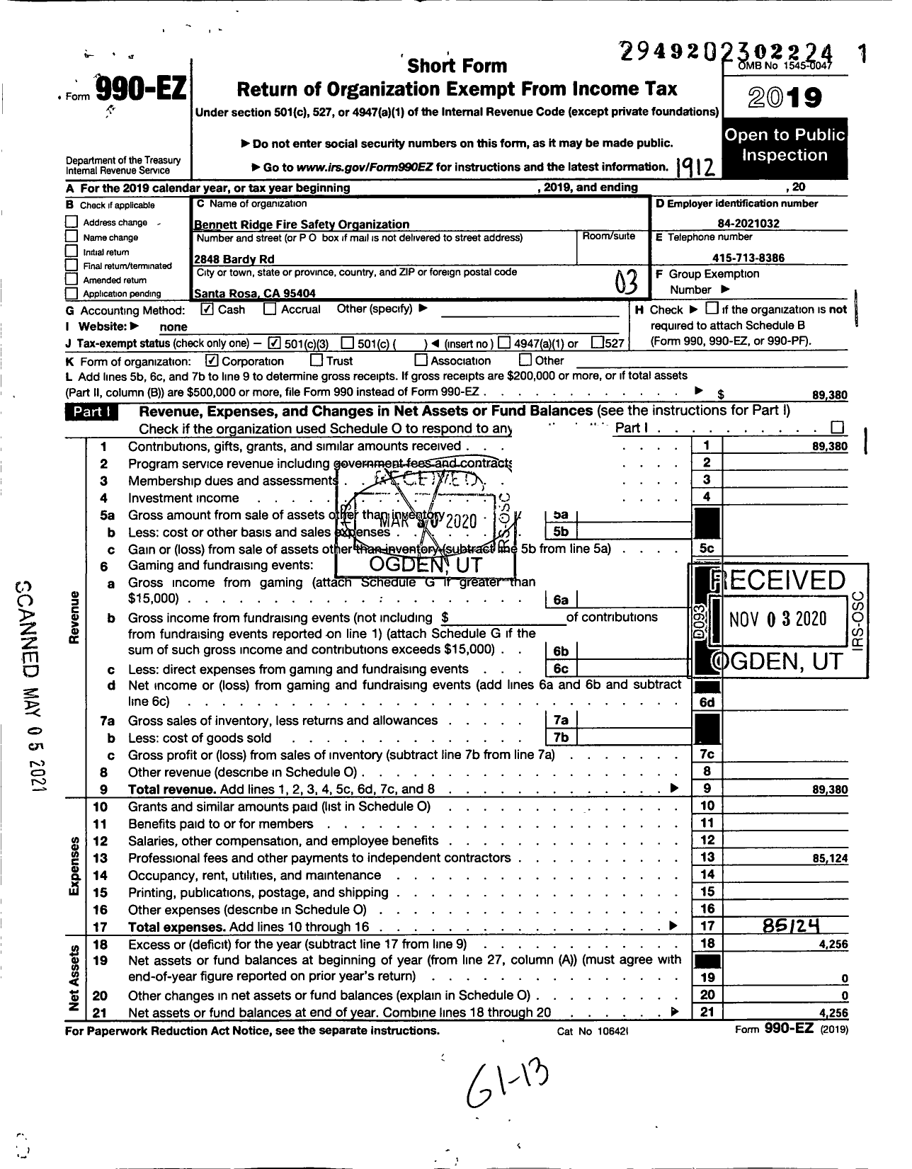 Image of first page of 2019 Form 990EZ for Bennett Ridge Fire Safety Organization