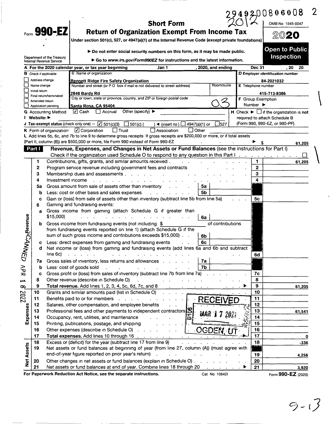 Image of first page of 2020 Form 990EZ for Bennett Ridge Fire Safety Organization
