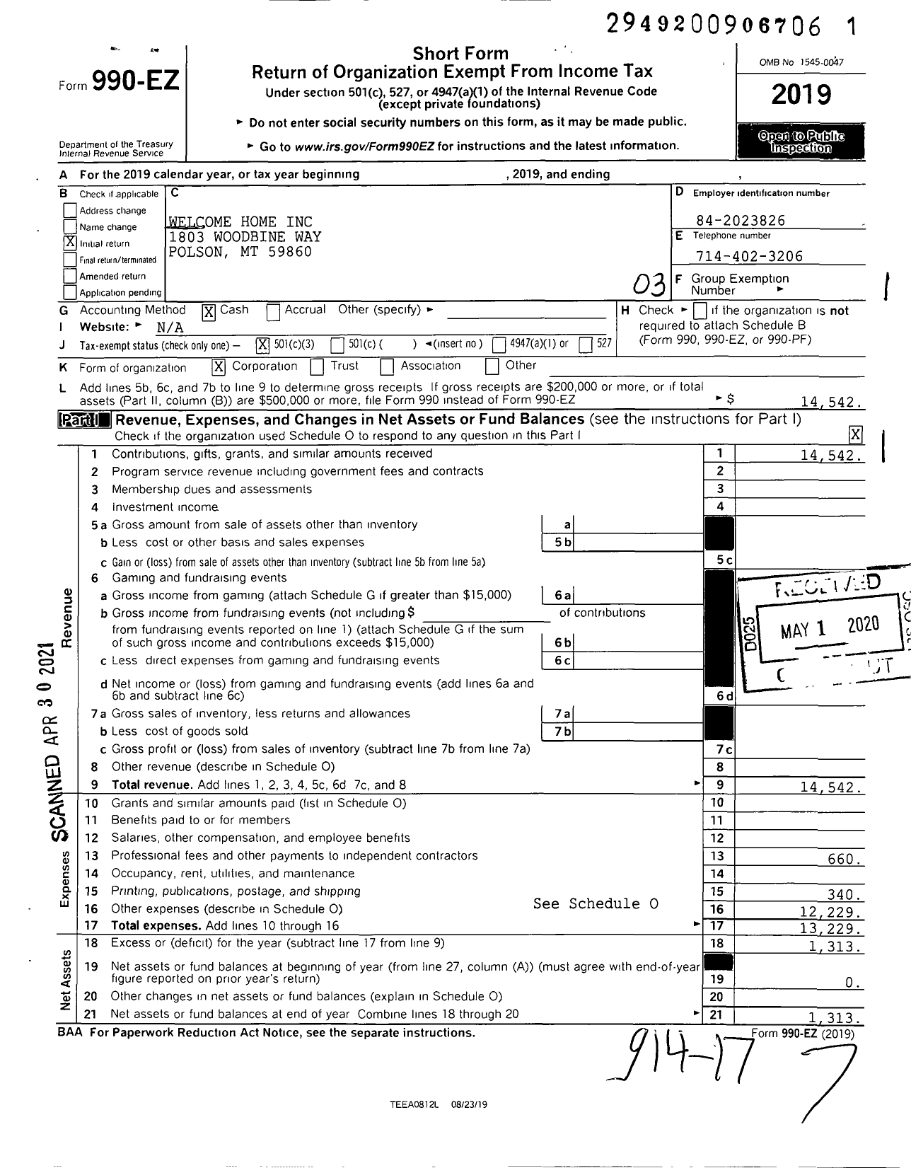 Image of first page of 2019 Form 990EZ for Welcome Home