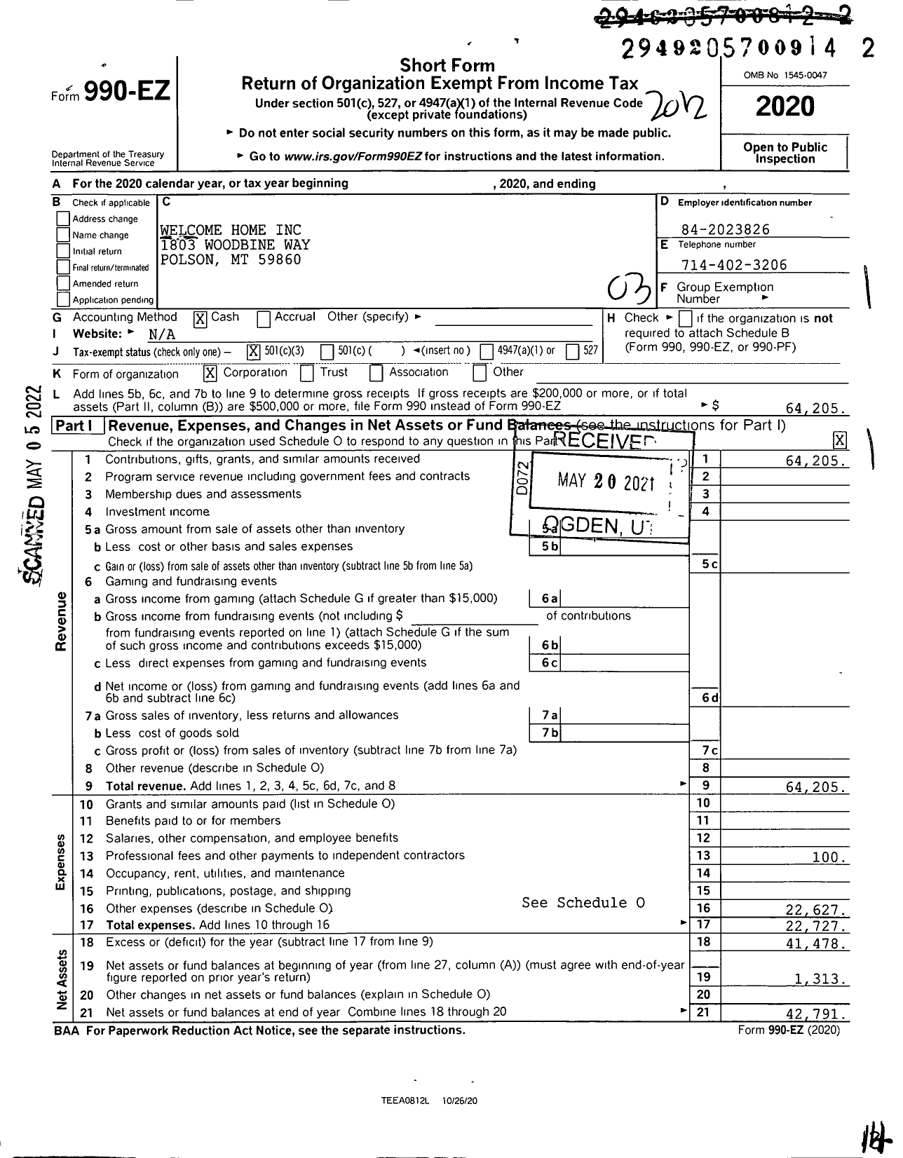 Image of first page of 2020 Form 990EZ for Welcome Home