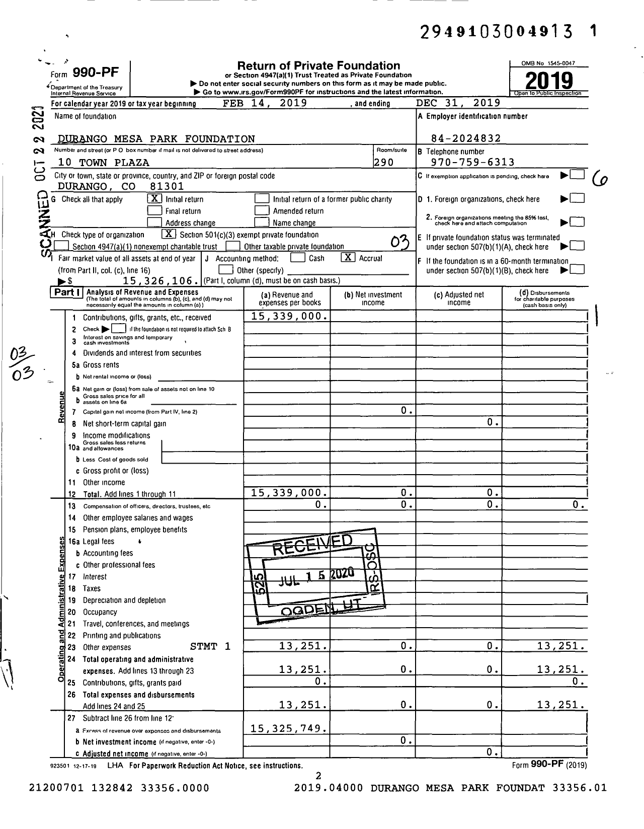 Image of first page of 2019 Form 990PF for Durango Mesa Park Foundation