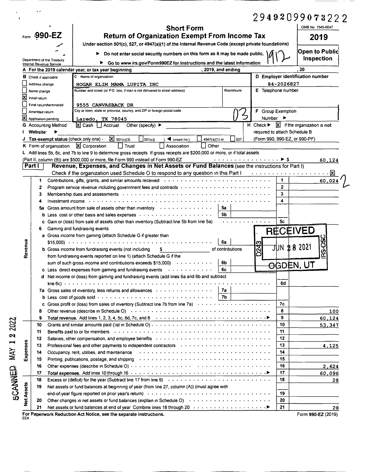 Image of first page of 2019 Form 990EZ for Hogar Elim Mama Lupita