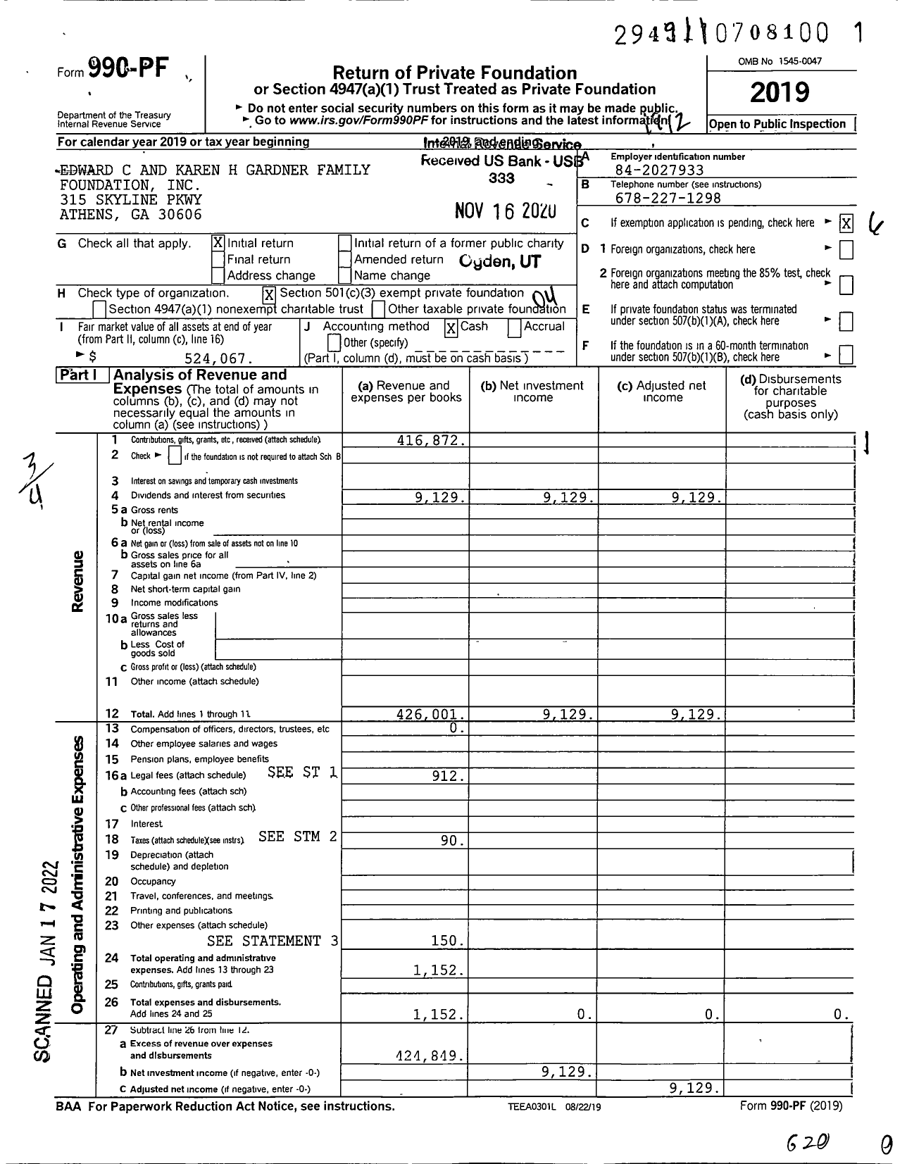 Image of first page of 2019 Form 990PF for Edward C and Karen H Gardner Family Foundation