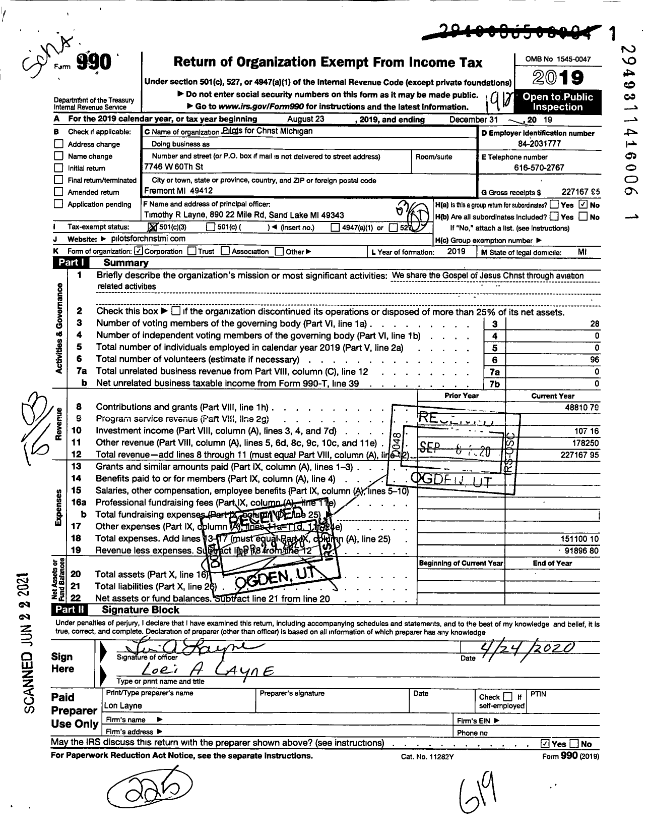 Image of first page of 2019 Form 990 for Pilots for Christ Michigan