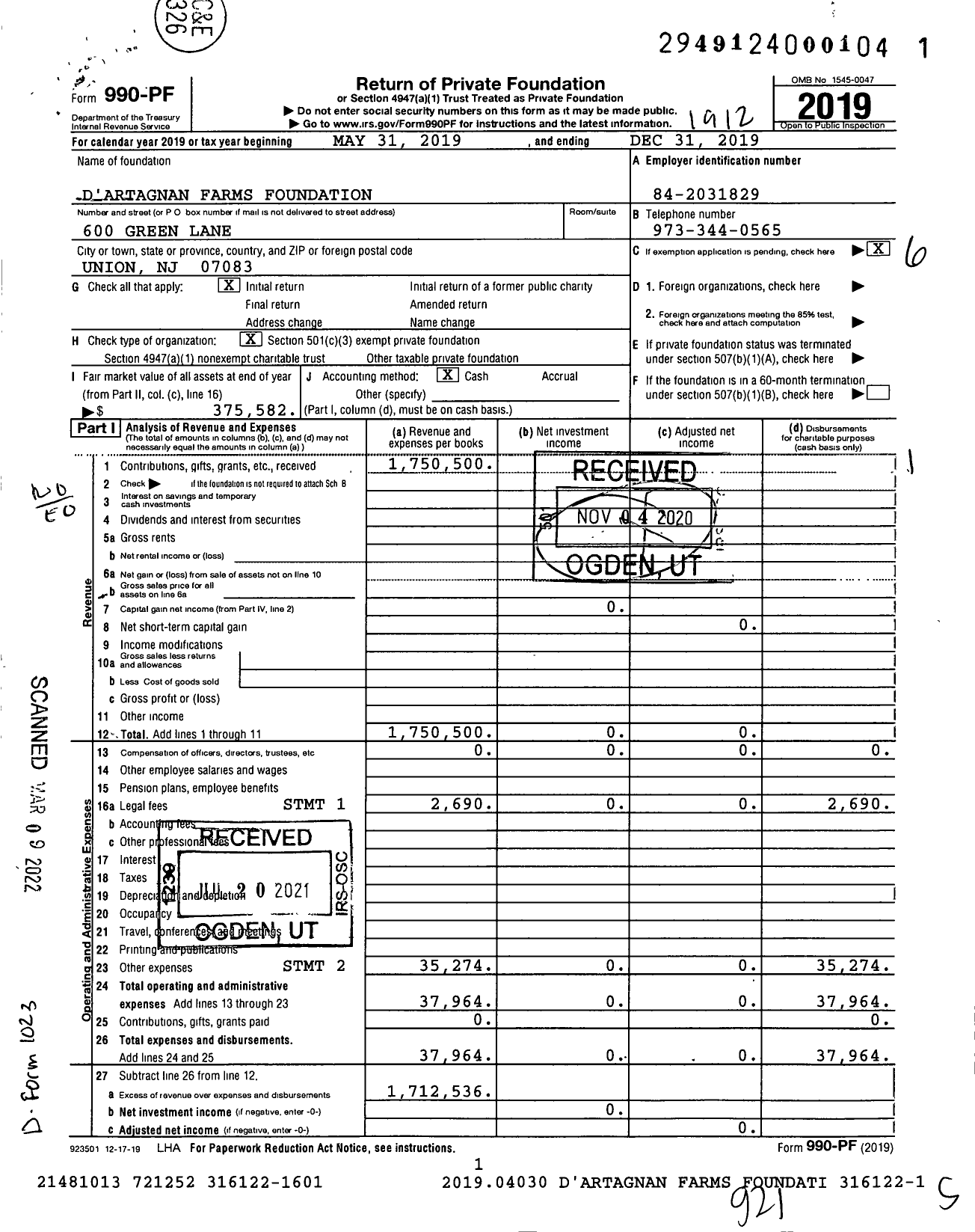 Image of first page of 2019 Form 990PF for D'artagnan Farms Foundation