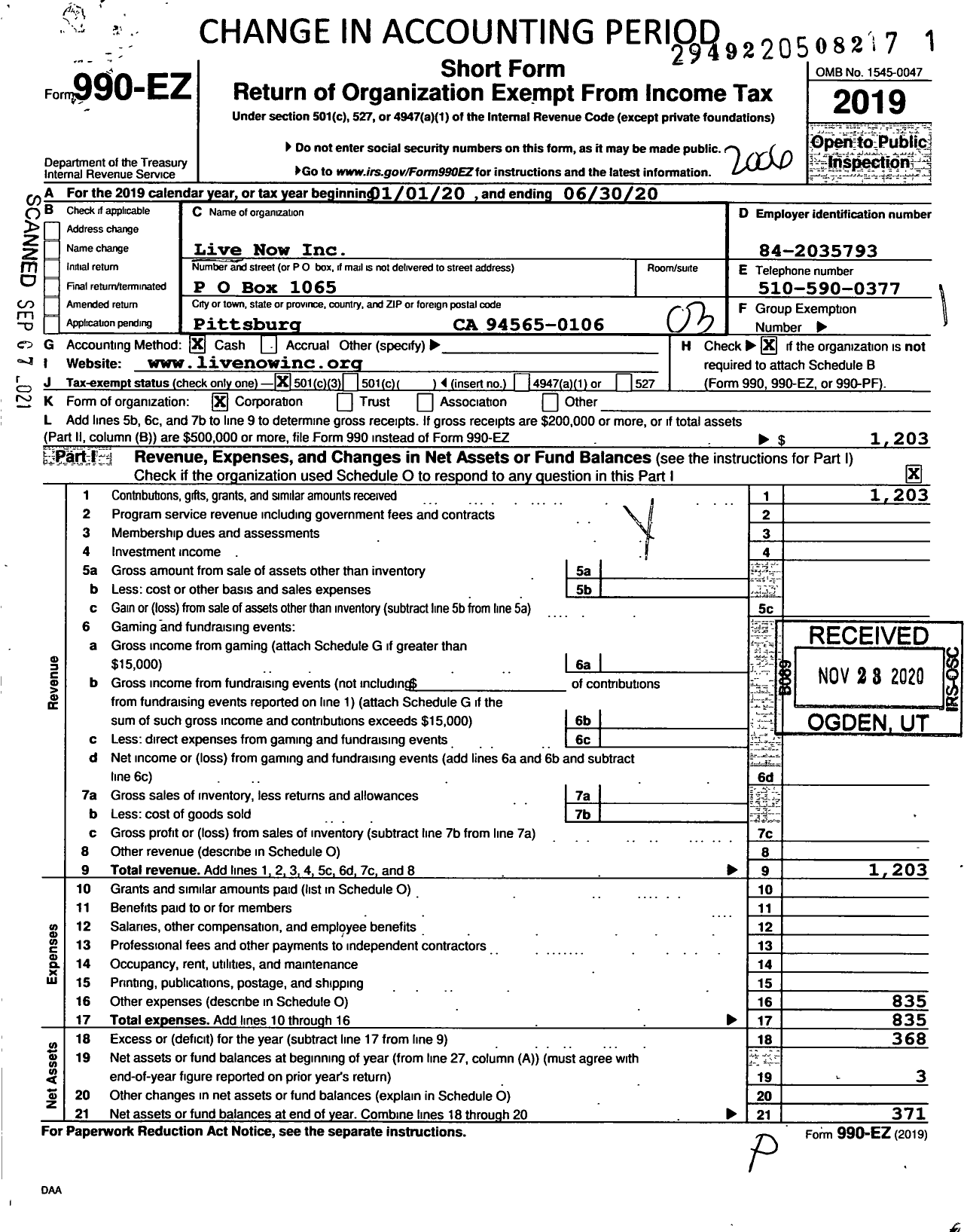 Image of first page of 2019 Form 990EZ for Live Now