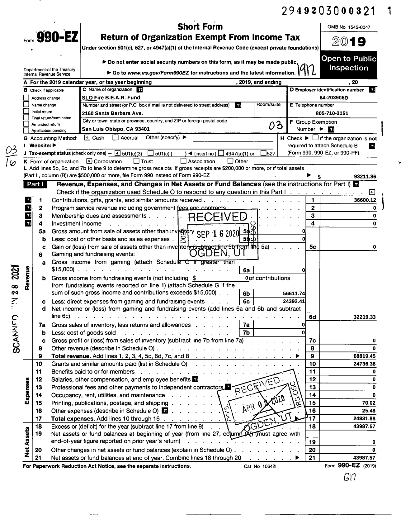 Image of first page of 2019 Form 990EZ for Slo Fire Bear Fund