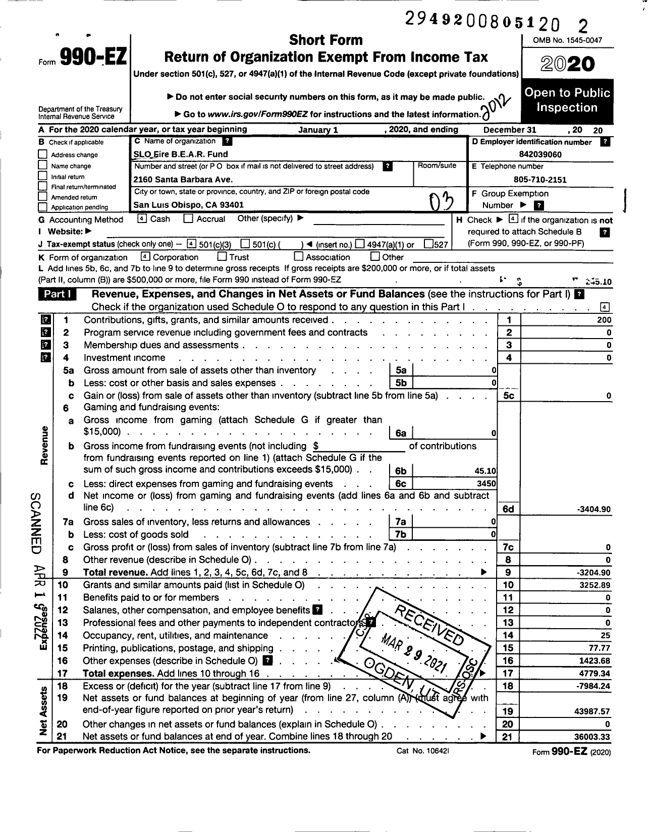 Image of first page of 2020 Form 990EZ for Slo Fire Bear Fund