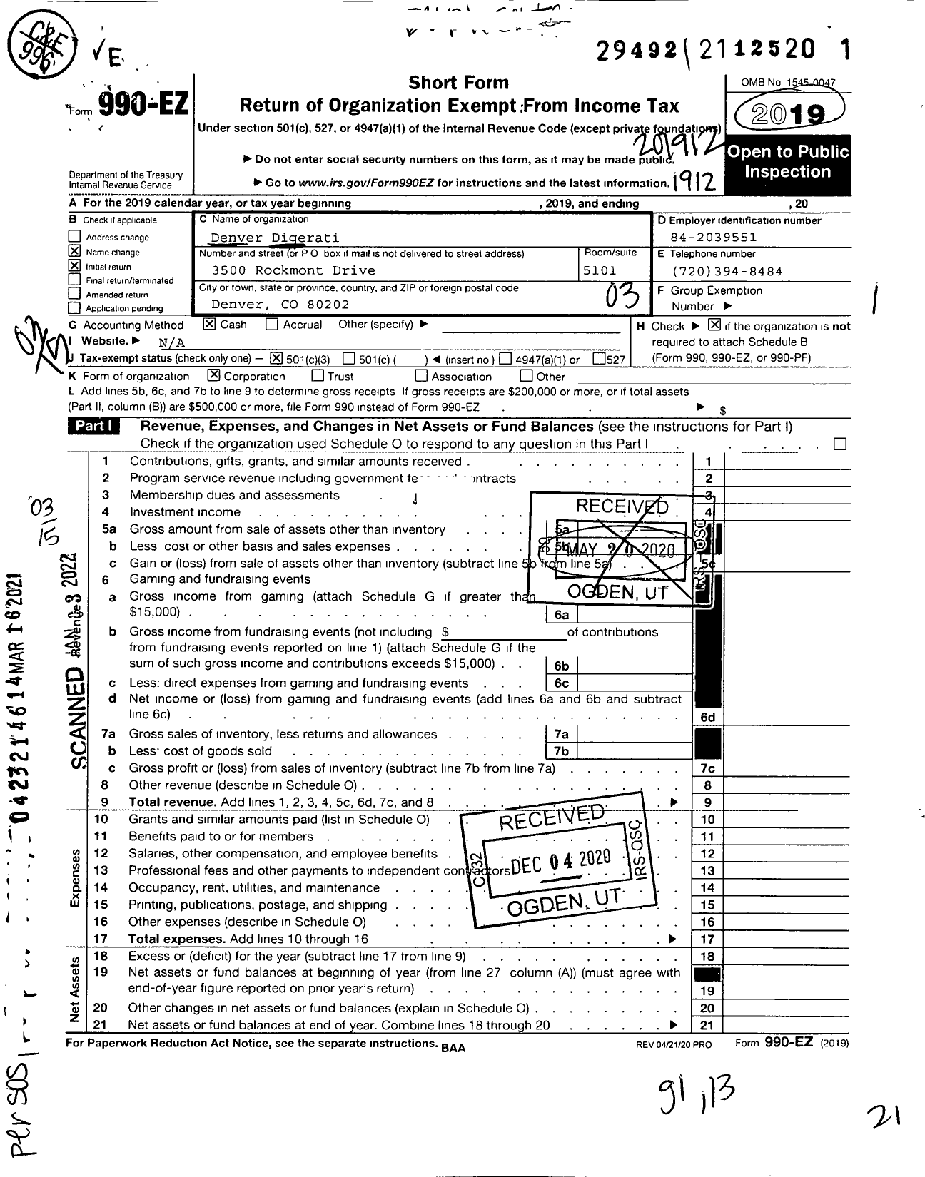 Image of first page of 2019 Form 990EZ for Denver Digerati