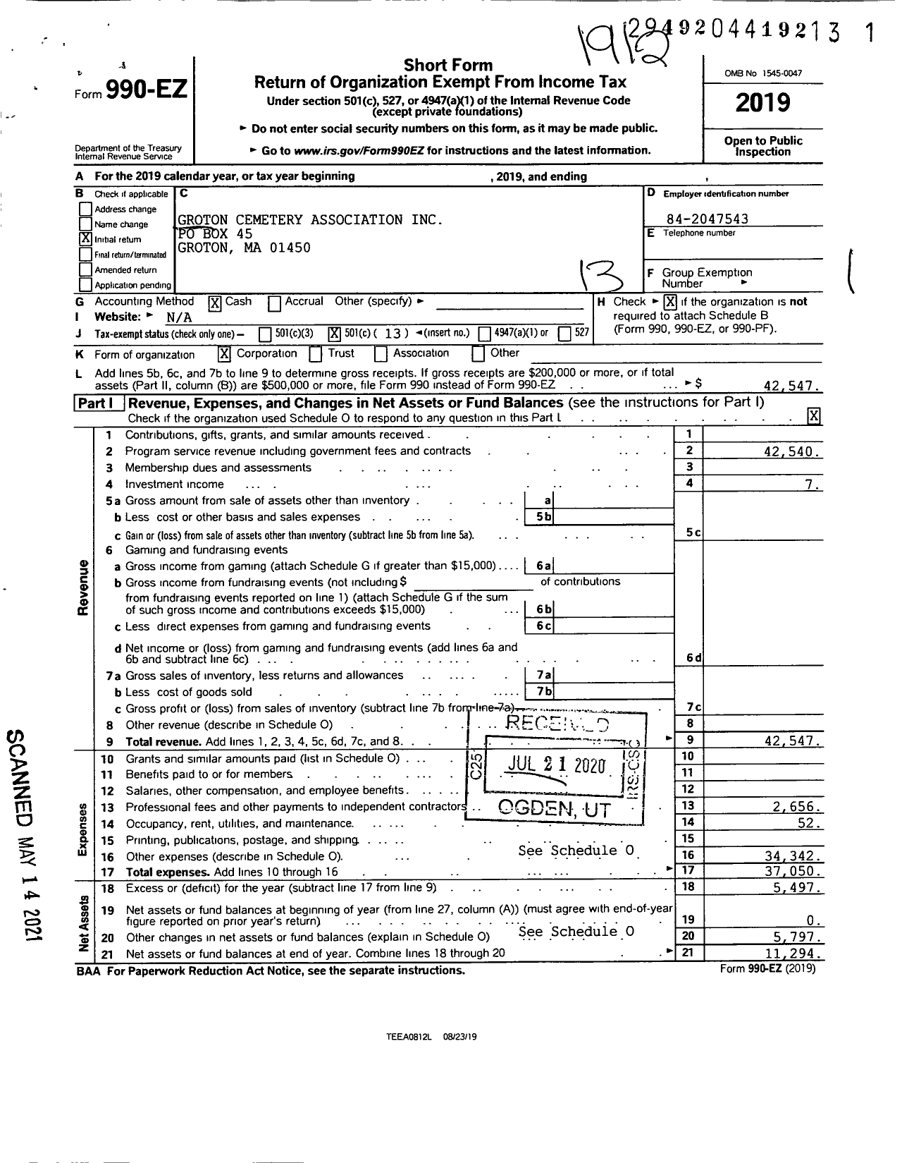 Image of first page of 2019 Form 990EO for Groton Cemetery Association