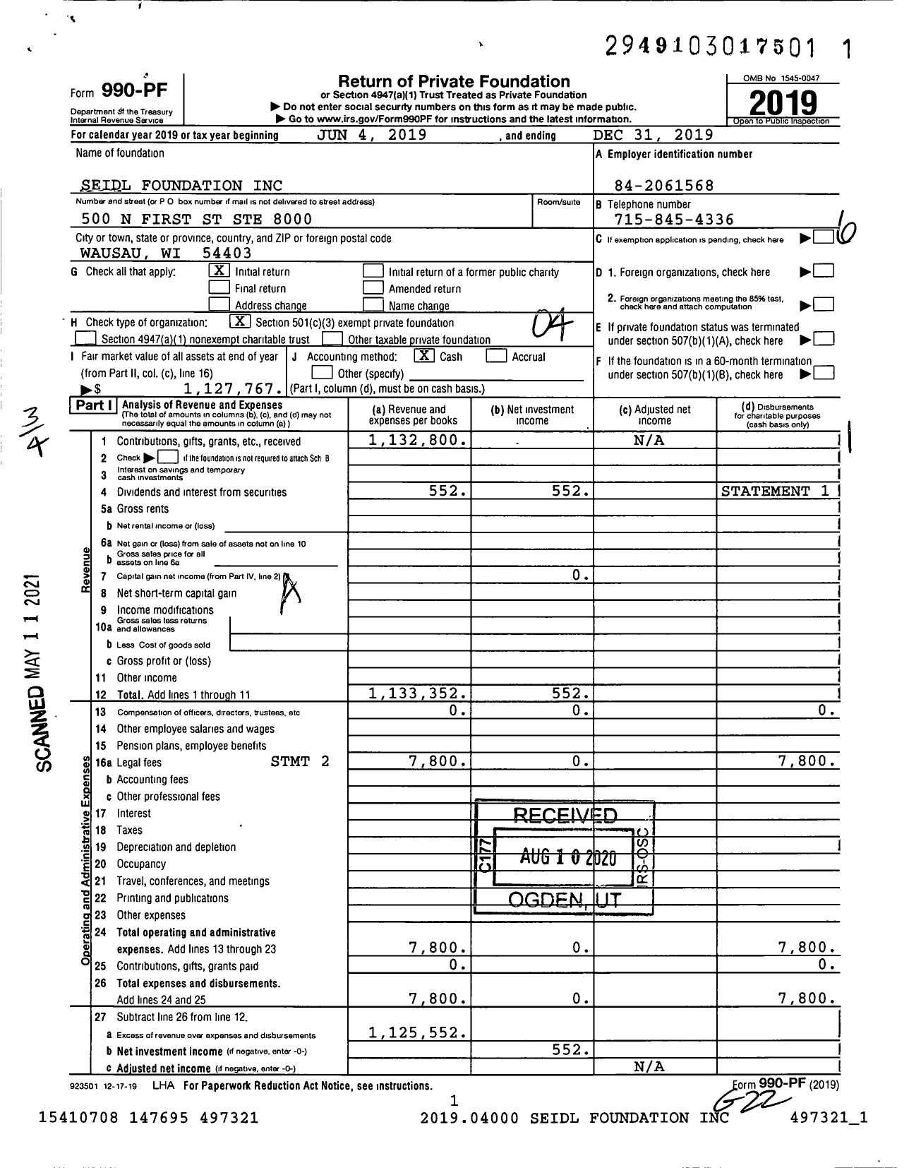 Image of first page of 2019 Form 990PF for Seidl Foundation