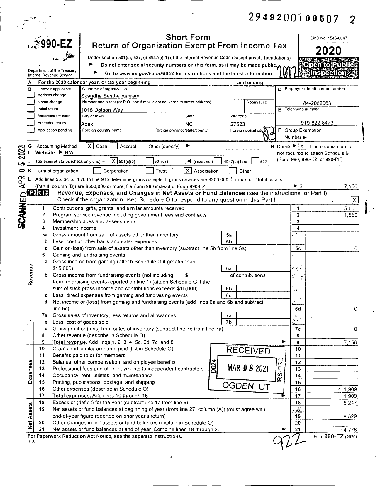 Image of first page of 2020 Form 990EZ for Skandha Sastha Ashram