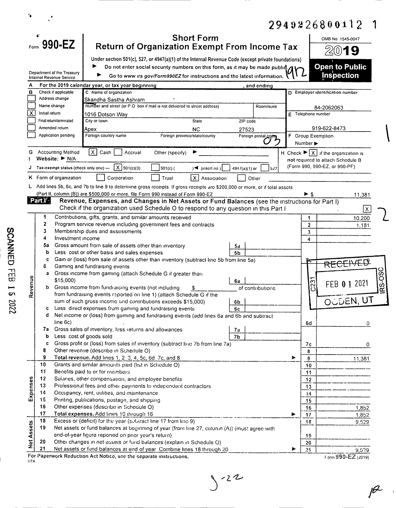 Image of first page of 2019 Form 990EZ for Skandha Sastha Ashram