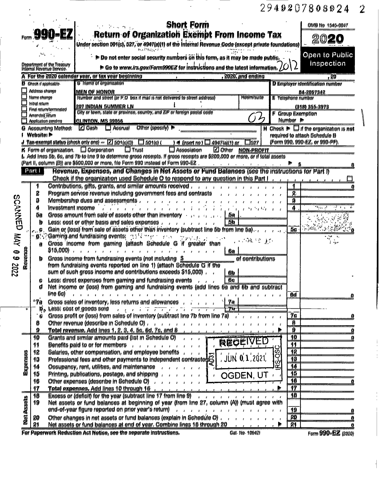 Image of first page of 2020 Form 990EZ for Men of Honor