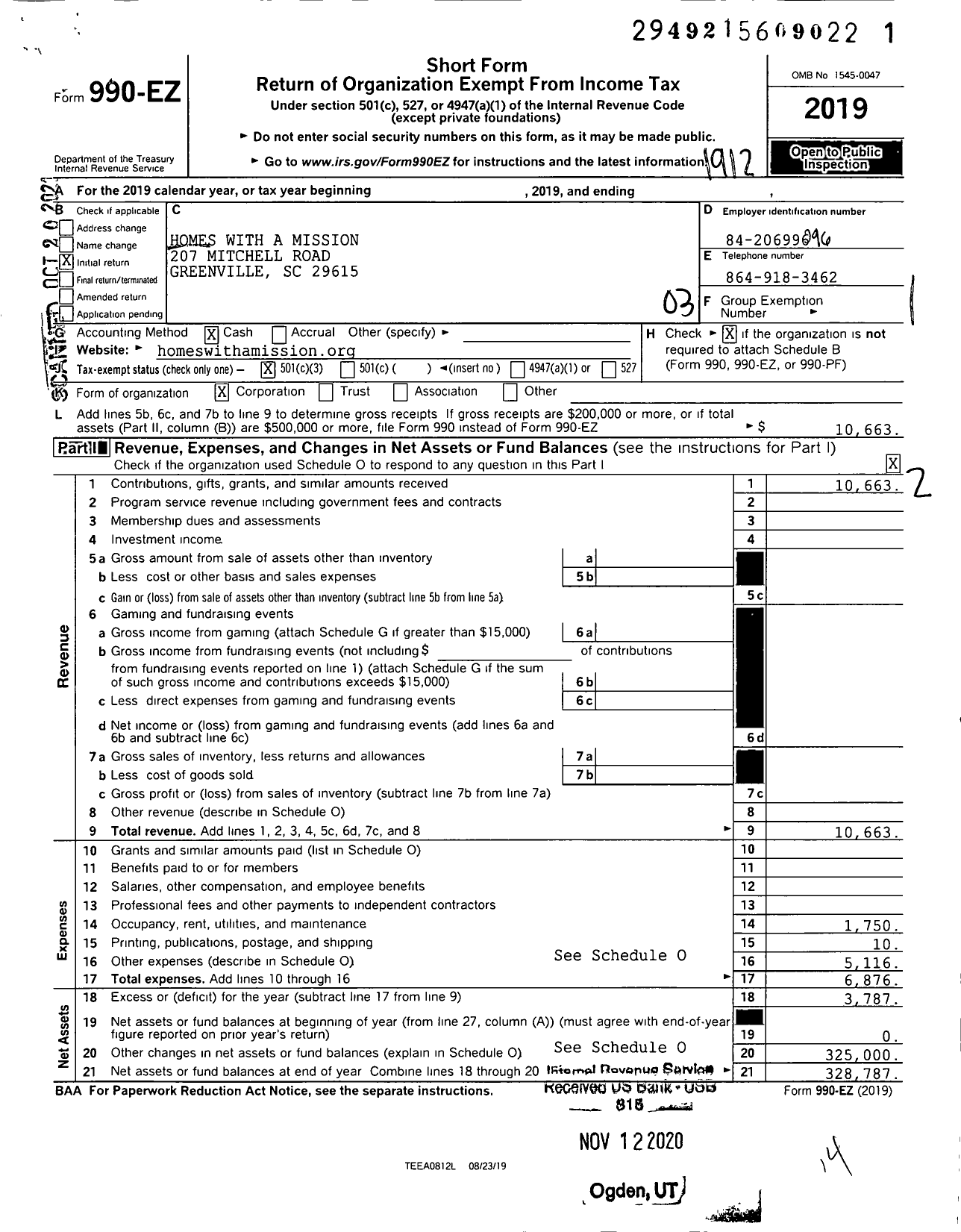 Image of first page of 2019 Form 990EZ for Homes with A Mission