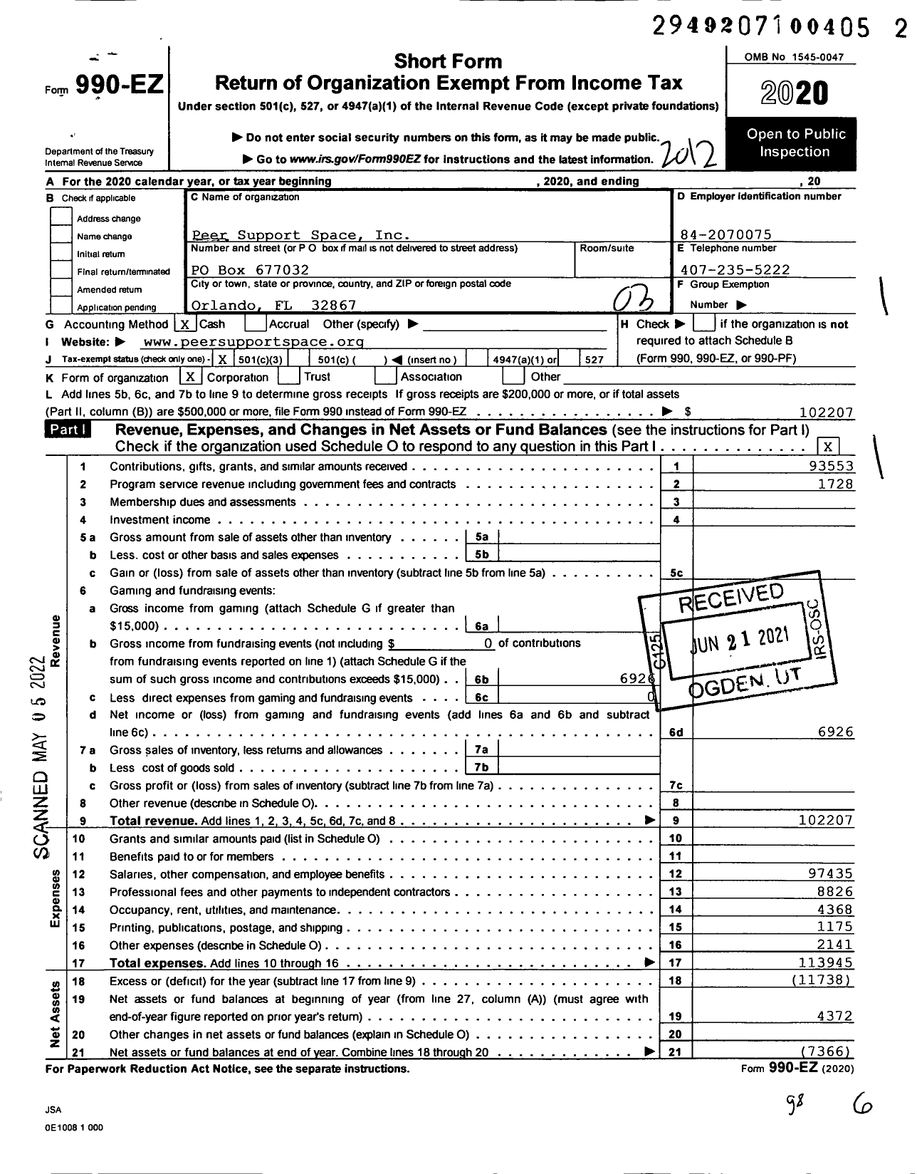 Image of first page of 2020 Form 990EZ for Peer Support Space