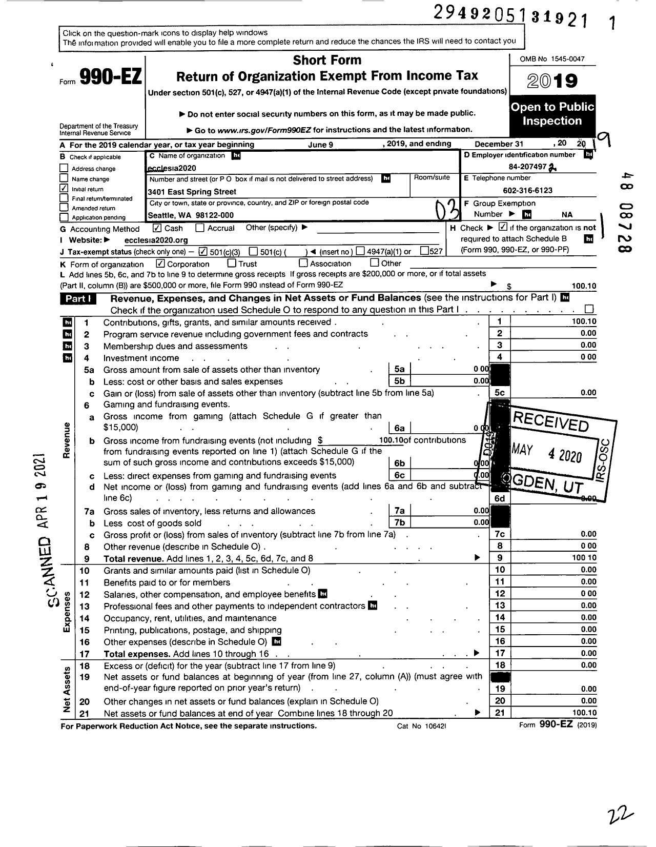 Image of first page of 2019 Form 990EZ for Ecclesia2020