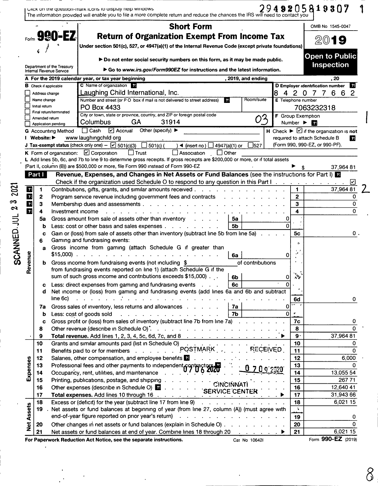 Image of first page of 2019 Form 990EZ for Laughing Child International