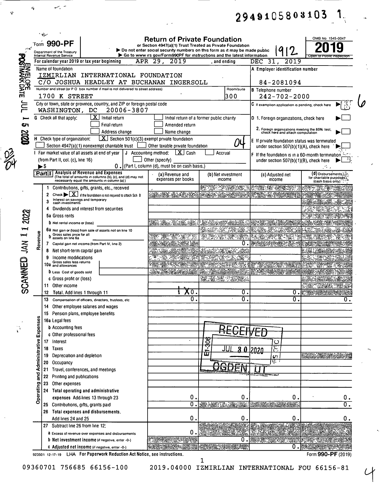 Image of first page of 2019 Form 990PF for Izmirlian International Foundation