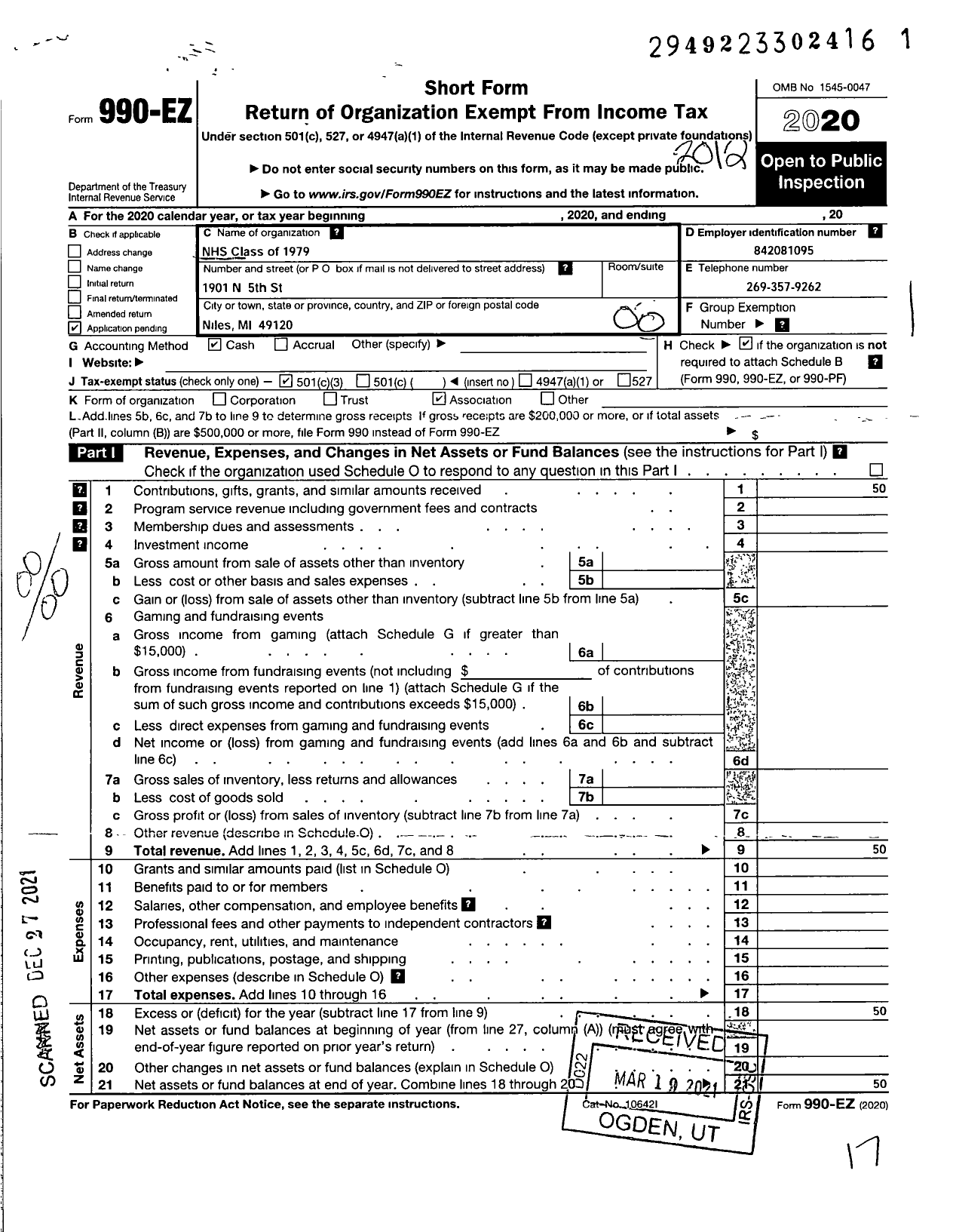 Image of first page of 2020 Form 990EO for NHS Class of 1979