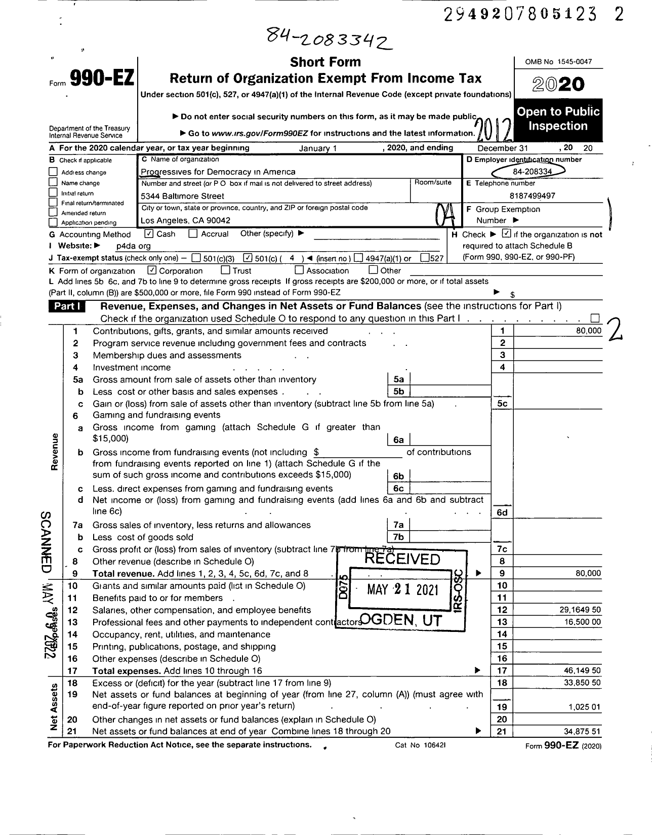 Image of first page of 2020 Form 990EO for Progressives for Democracy in America