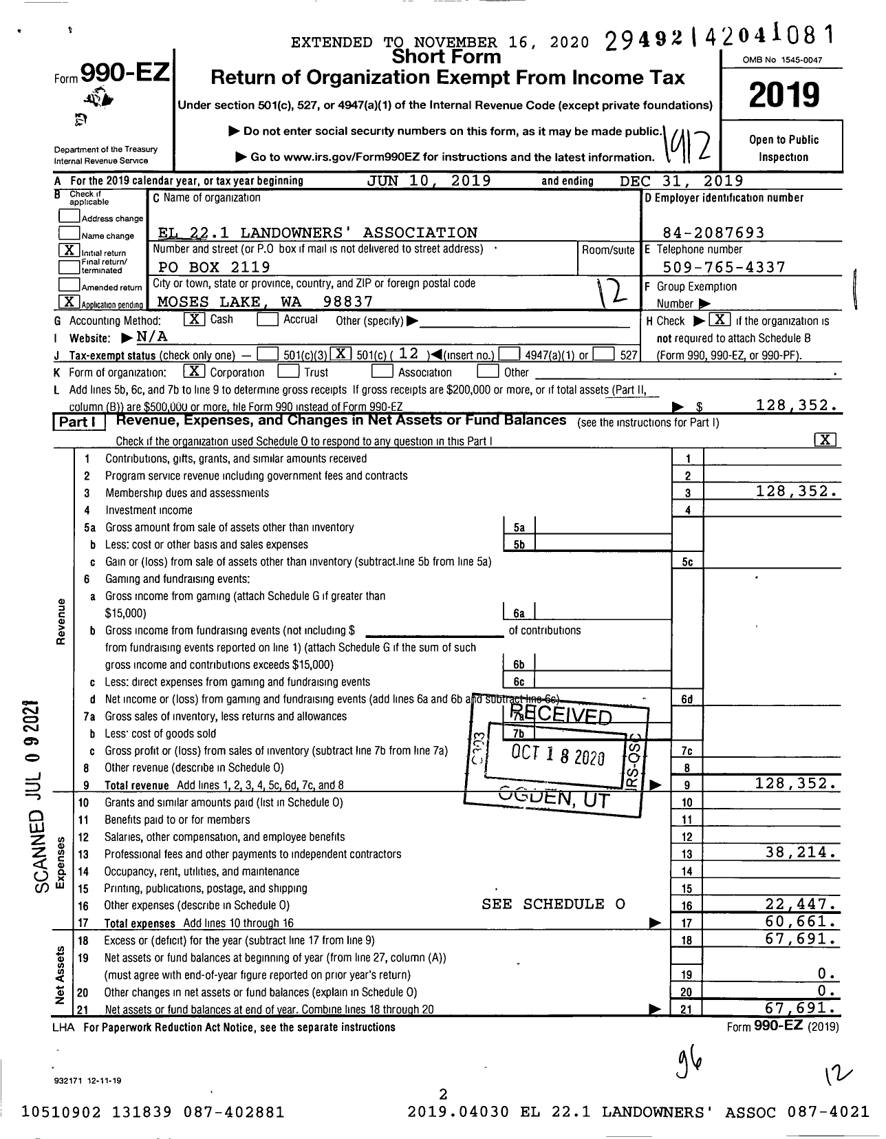 Image of first page of 2019 Form 990EO for El 221 Landowners' Association