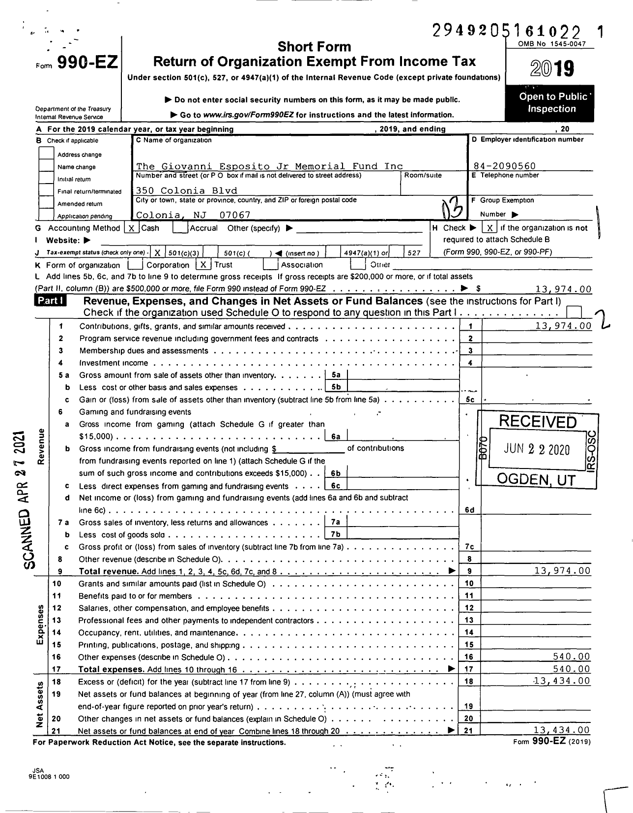 Image of first page of 2019 Form 990EZ for The Giovanni Esposito JR Memorial Fund