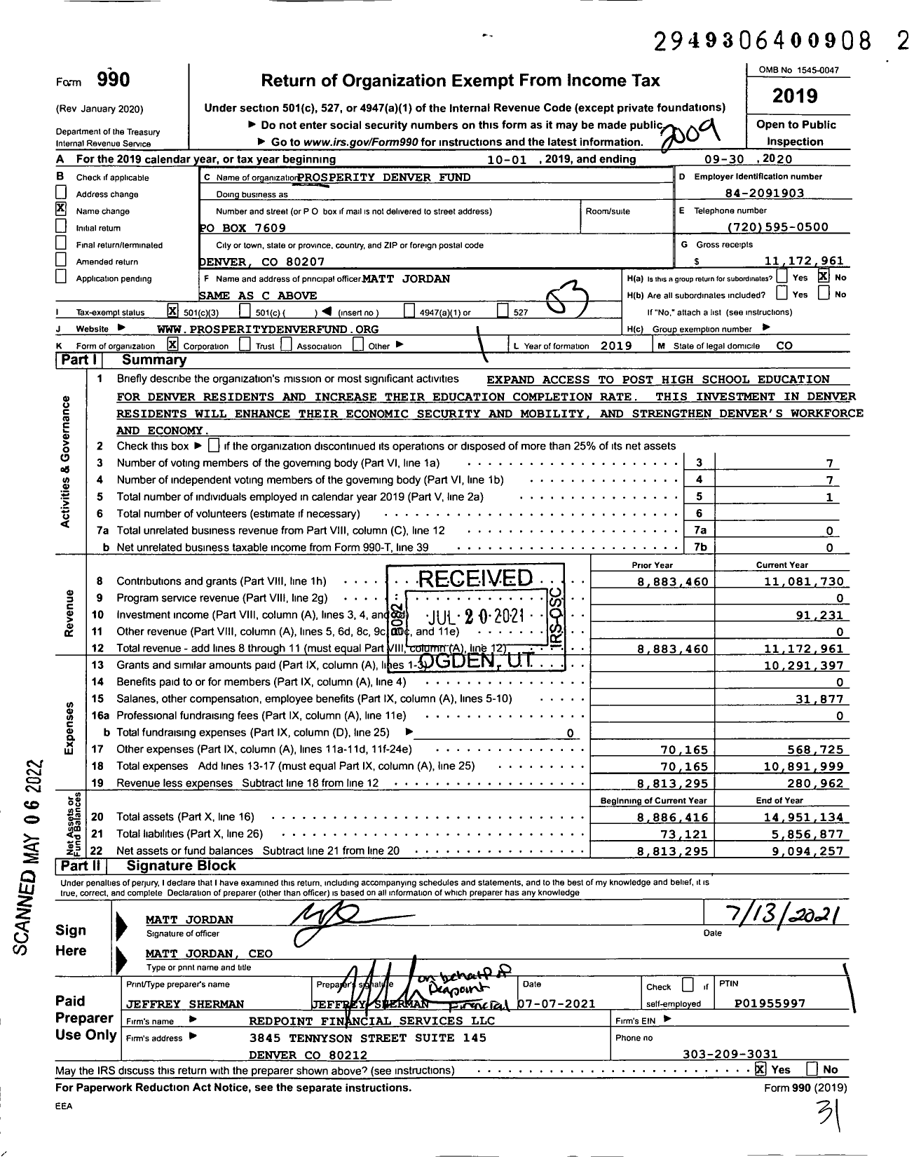Image of first page of 2019 Form 990 for Prosperity Denver Fund