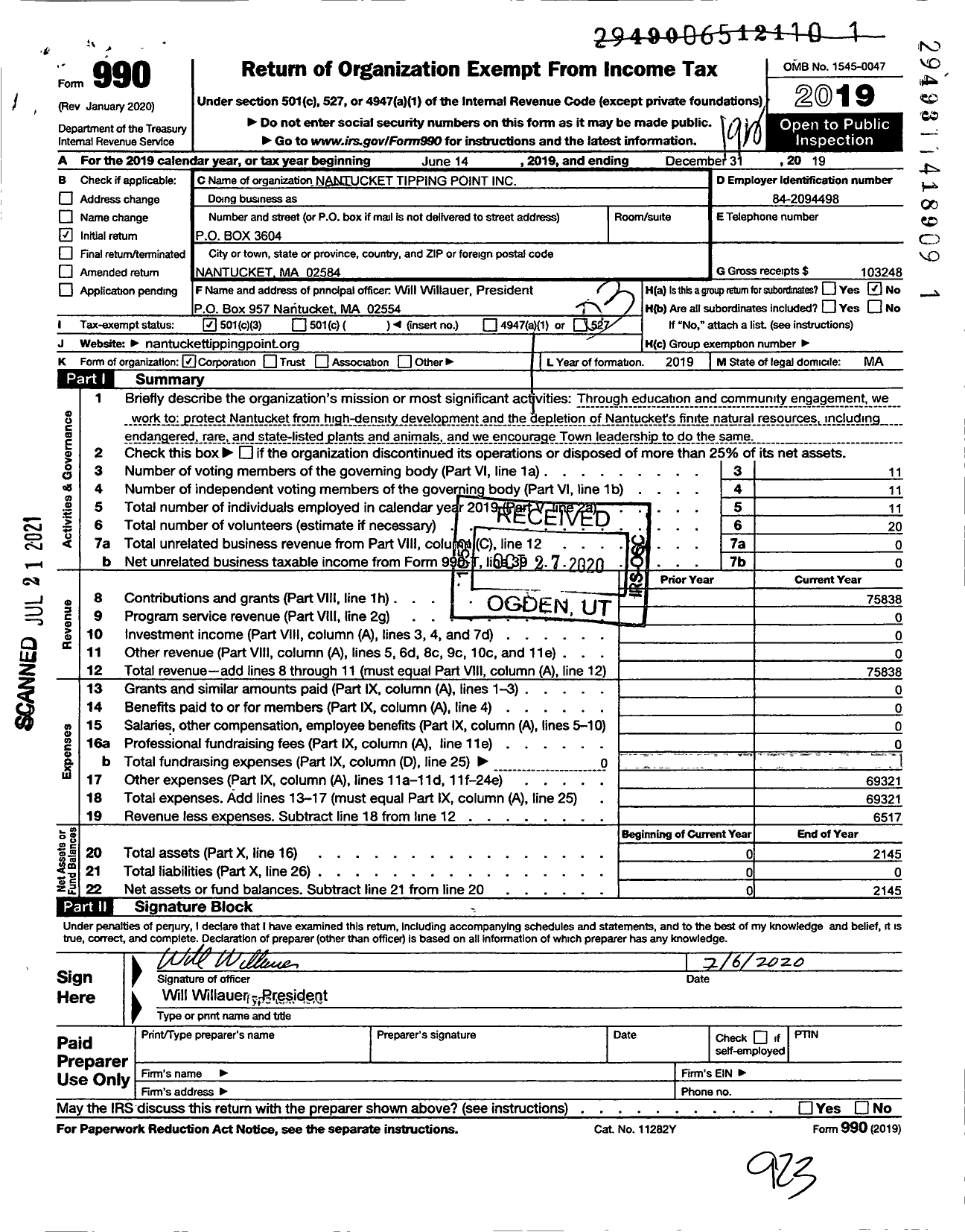 Image of first page of 2019 Form 990 for Nantucket Tipping Point