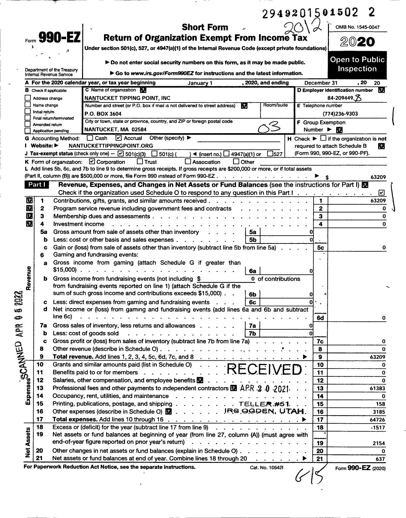 Image of first page of 2020 Form 990EZ for Nantucket Tipping Point