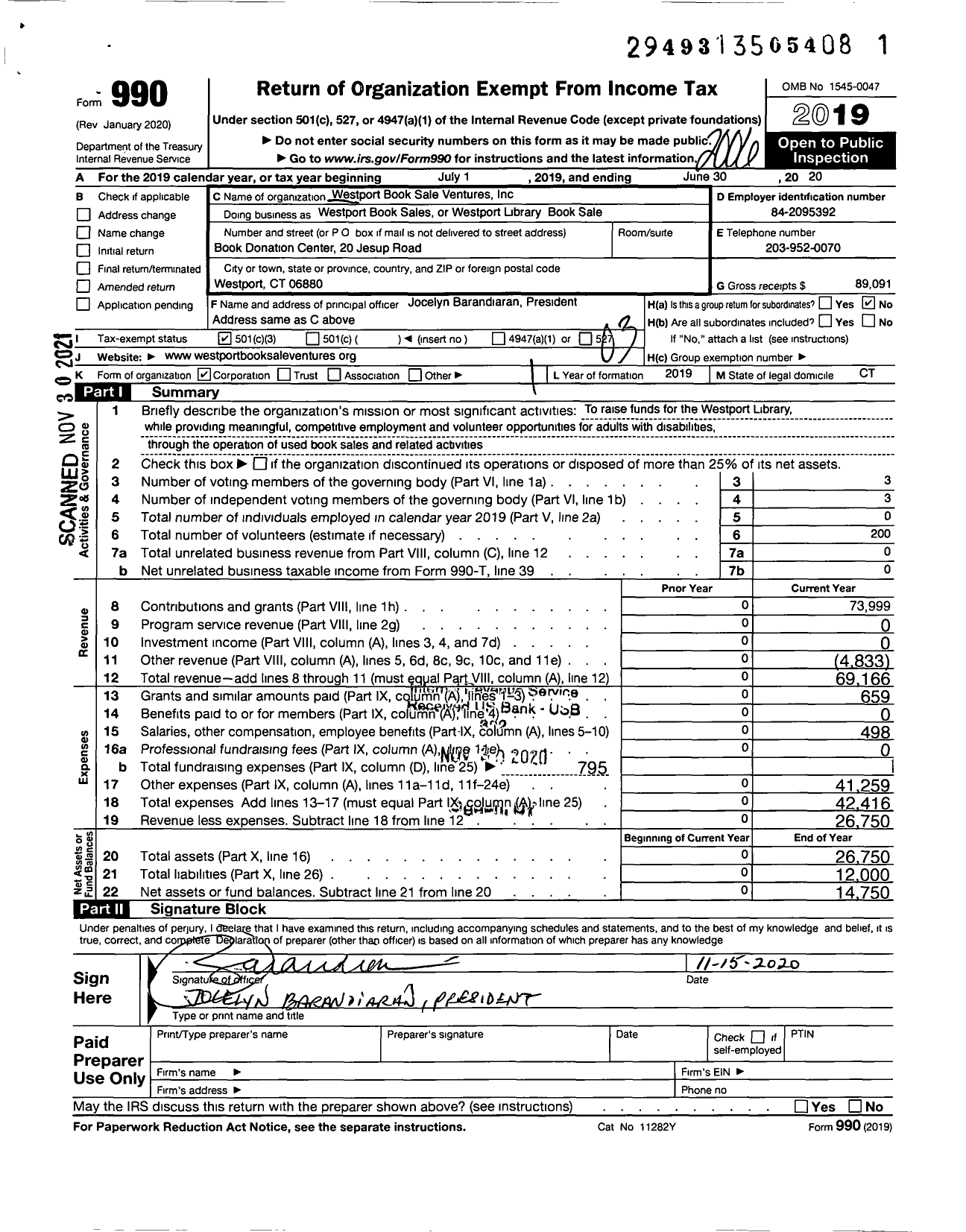 Image of first page of 2019 Form 990 for Westport Book Shopbooksale