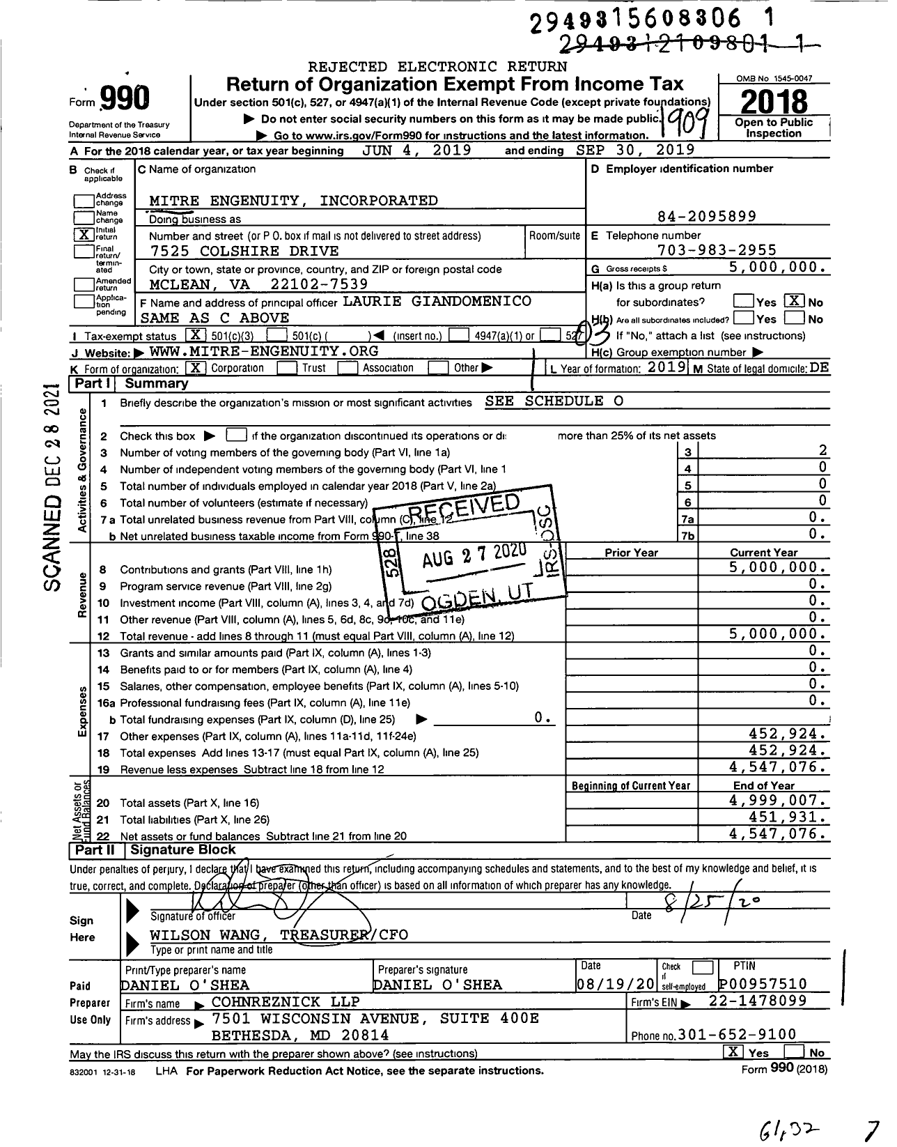 Image of first page of 2018 Form 990 for Mitre Engenuity Incorporated