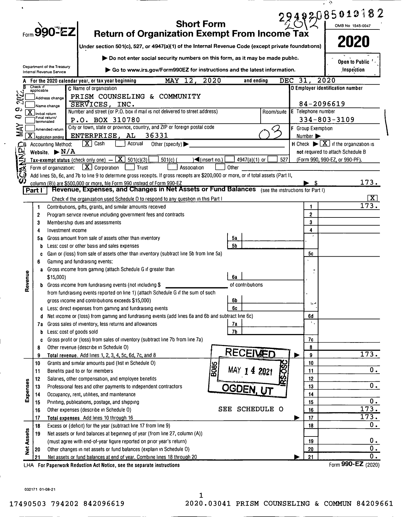 Image of first page of 2020 Form 990EZ for Prism Counseling and Community Services