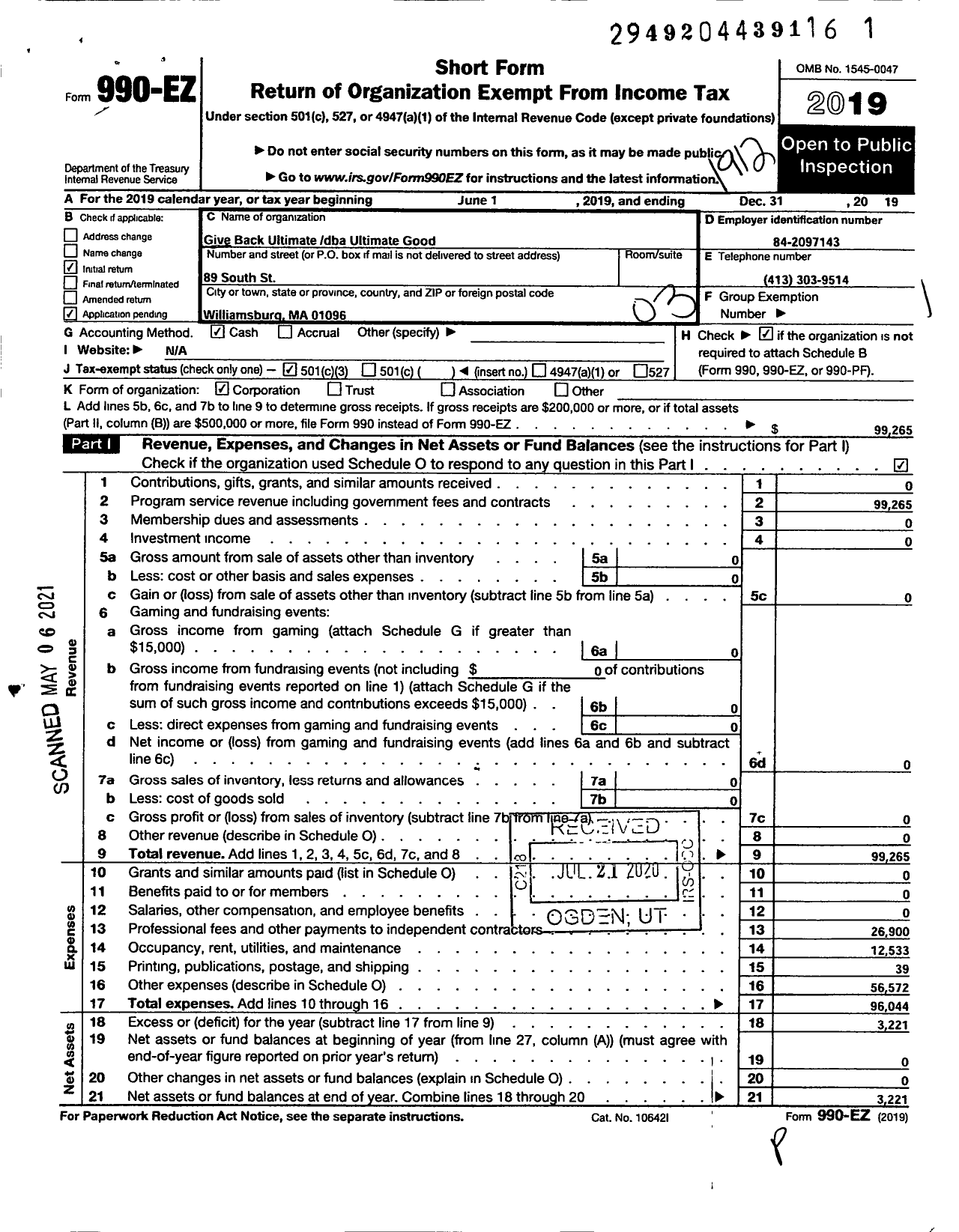 Image of first page of 2019 Form 990EZ for Give Back Ultimate