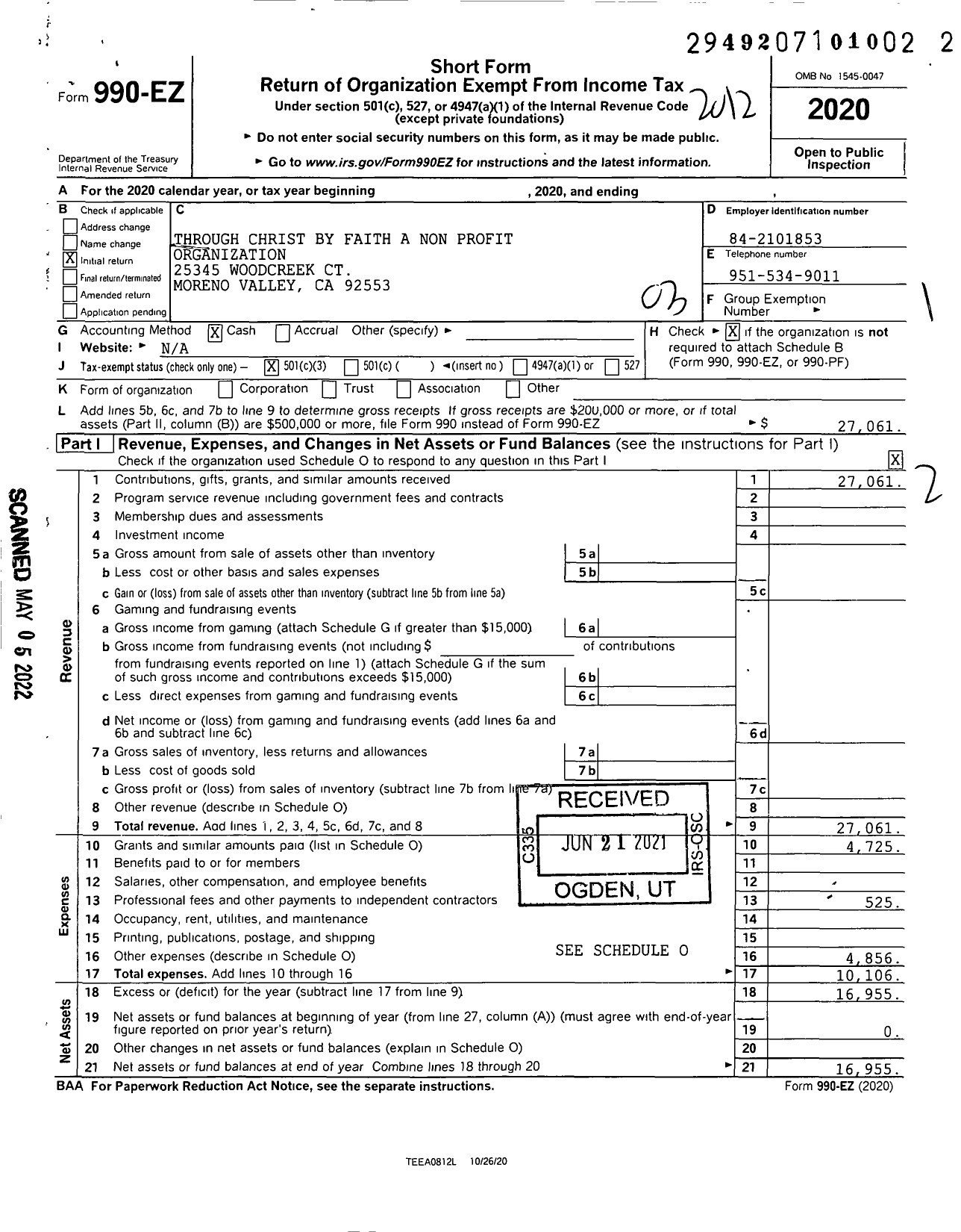 Image of first page of 2020 Form 990EZ for Through Christ By Faith A Non Profit Organization