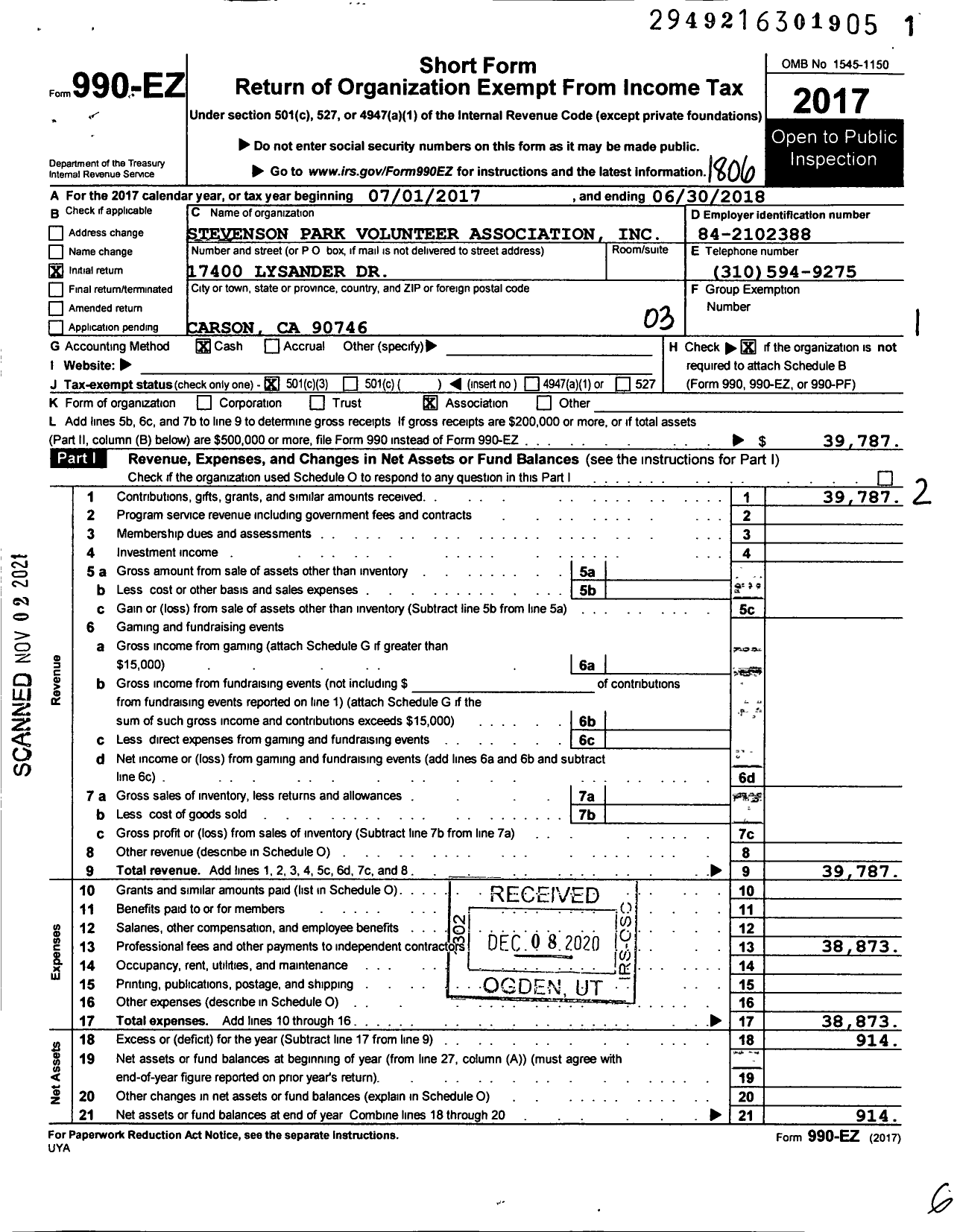 Image of first page of 2017 Form 990EZ for Stevenson Park Volunteer Association