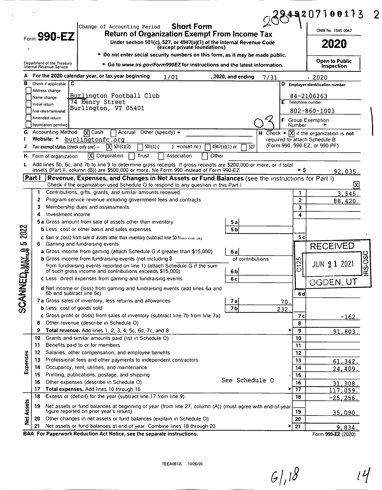 Image of first page of 2019 Form 990EZ for Burlington Football Club