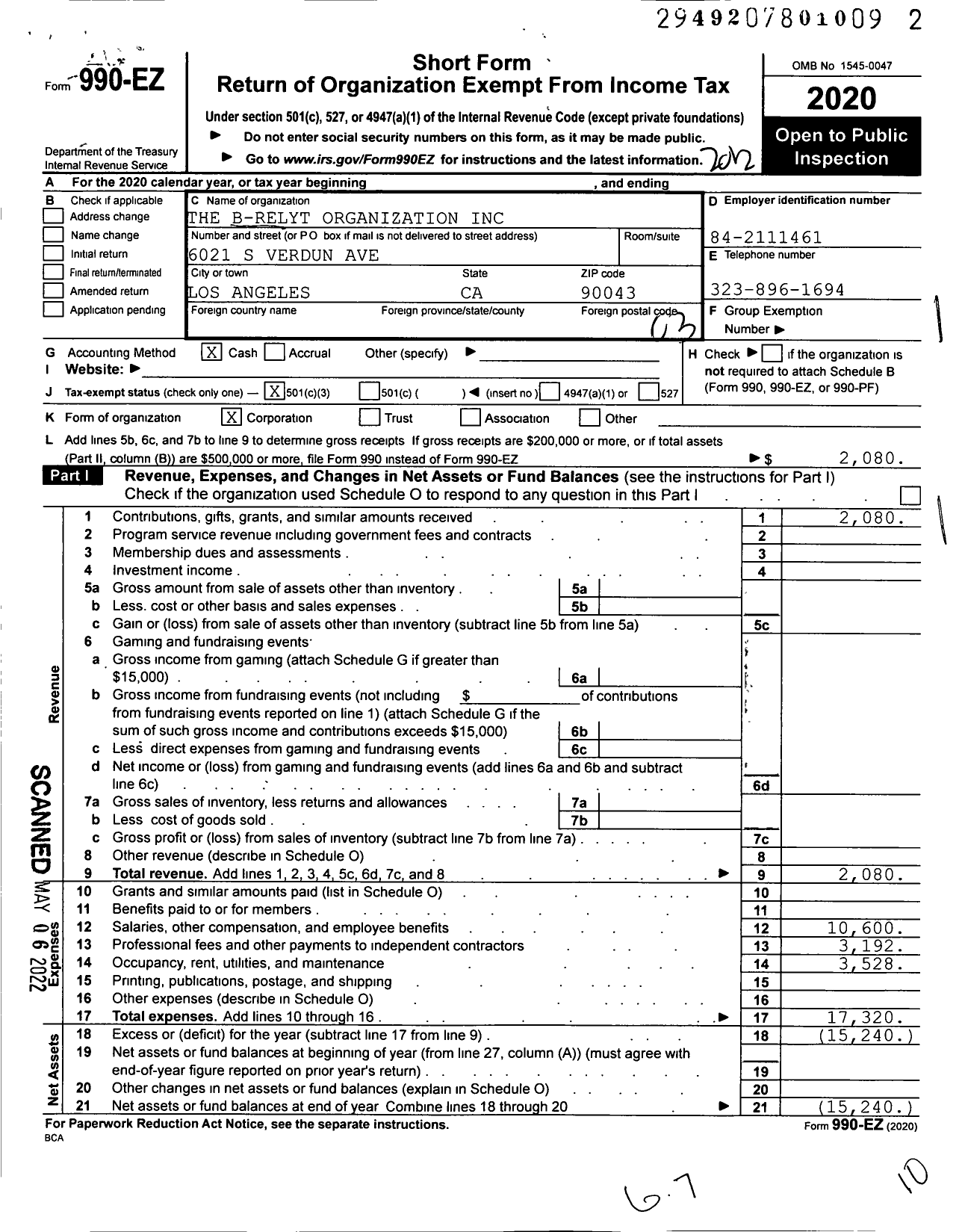Image of first page of 2020 Form 990EZ for B Relyt Organization