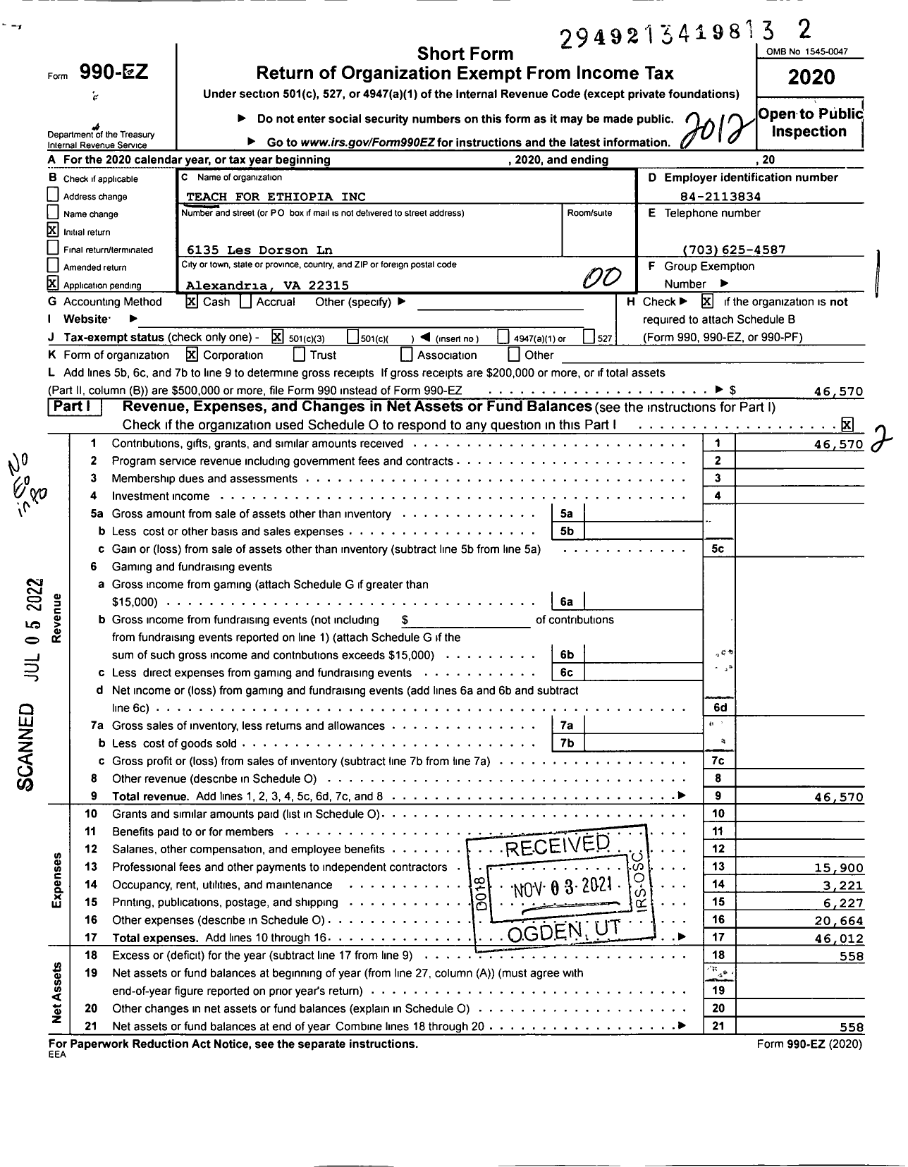 Image of first page of 2020 Form 990EO for Teach for Ethiopia