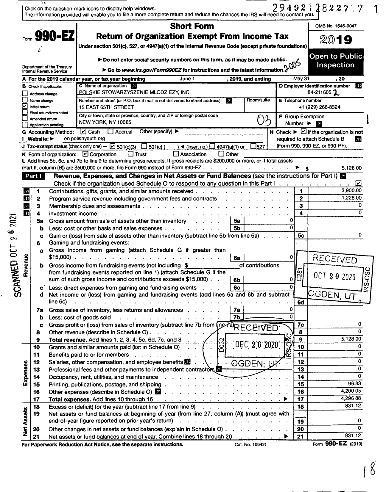 Image of first page of 2019 Form 990EZ for Polskie Stowarzyszenie Mlodziezy