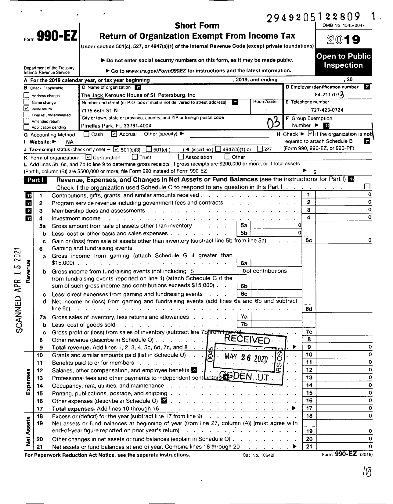 Image of first page of 2019 Form 990EZ for Jack Kerouac House of St Petersburg