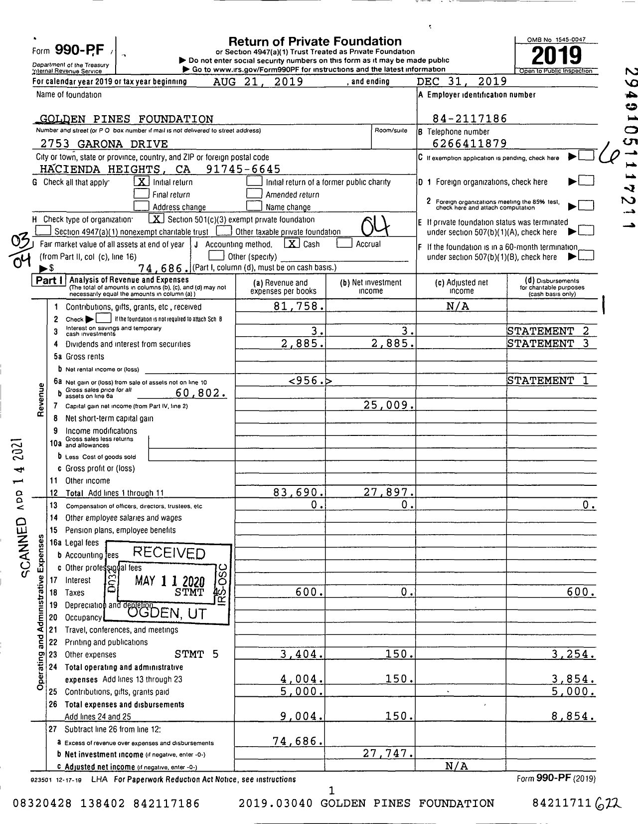 Image of first page of 2019 Form 990PF for Golden Pines Foundation