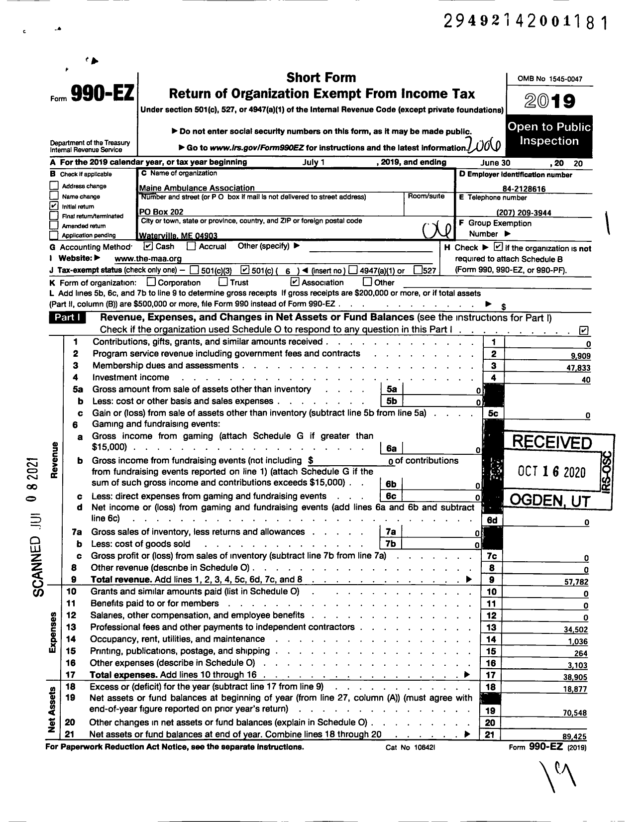 Image of first page of 2019 Form 990EO for Maine Ambulance Association