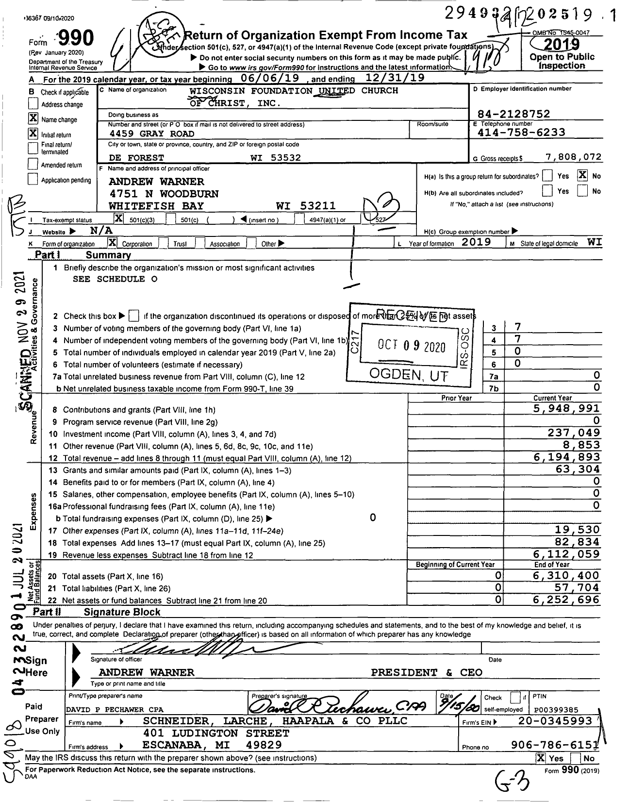 Image of first page of 2019 Form 990 for Wisconsin Foundation United Church of Christ