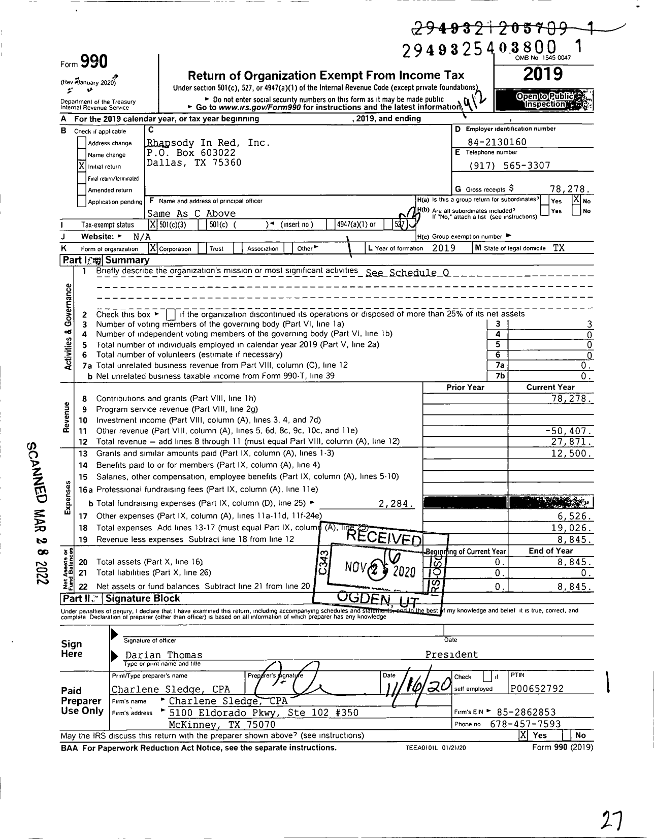 Image of first page of 2019 Form 990 for Rhapsody in Red