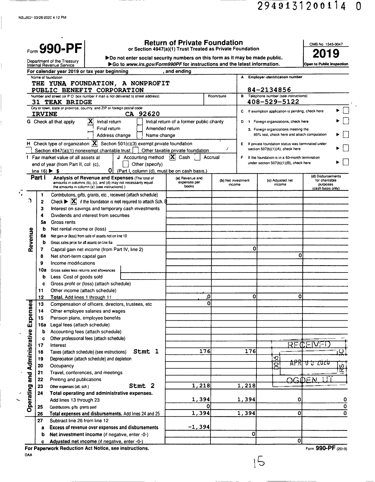 Image of first page of 2019 Form 990PF for The Yuna Foundation A Nonprofit Public Benefit Corporation