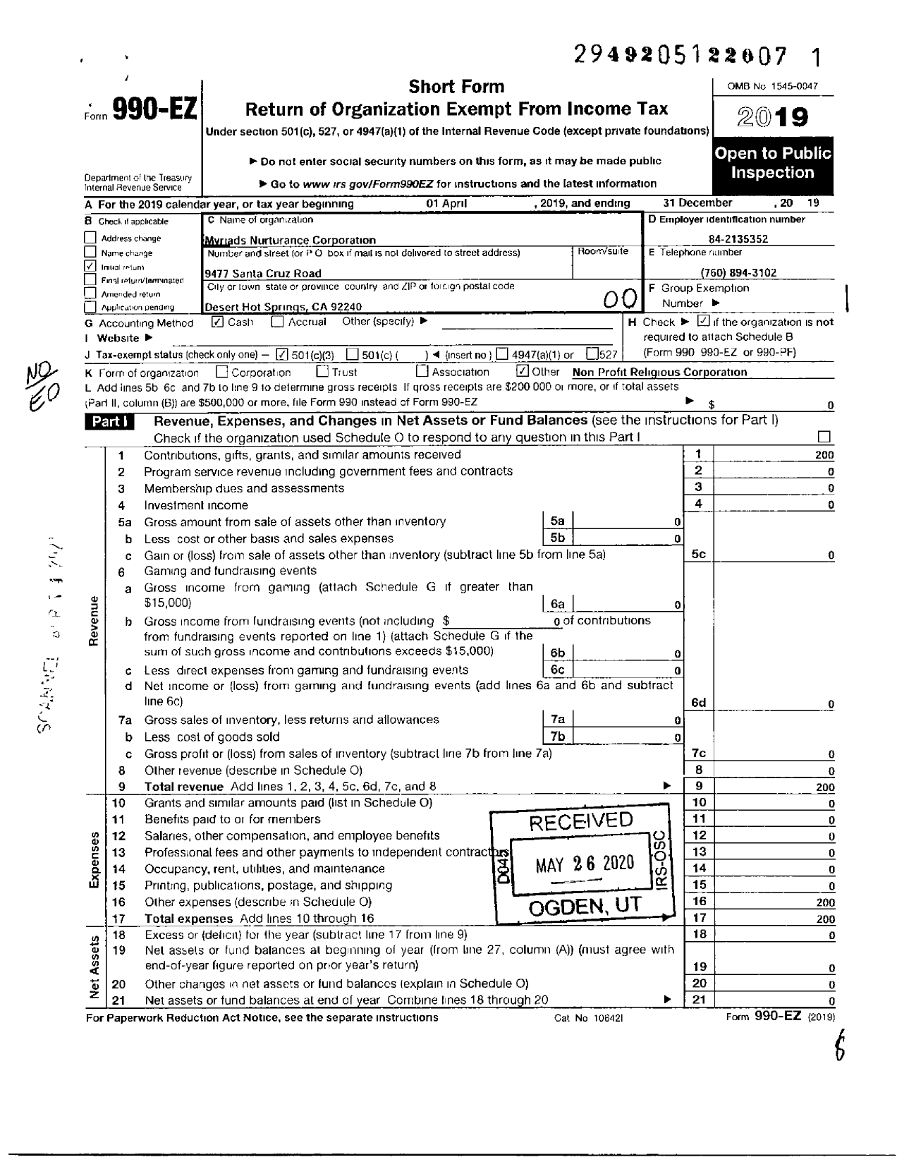 Image of first page of 2019 Form 990EO for Myriads Nurturance Corporation