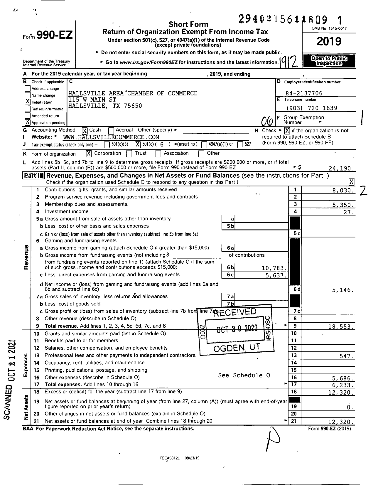 Image of first page of 2019 Form 990EO for Hallsville Area Chamber of Commerce