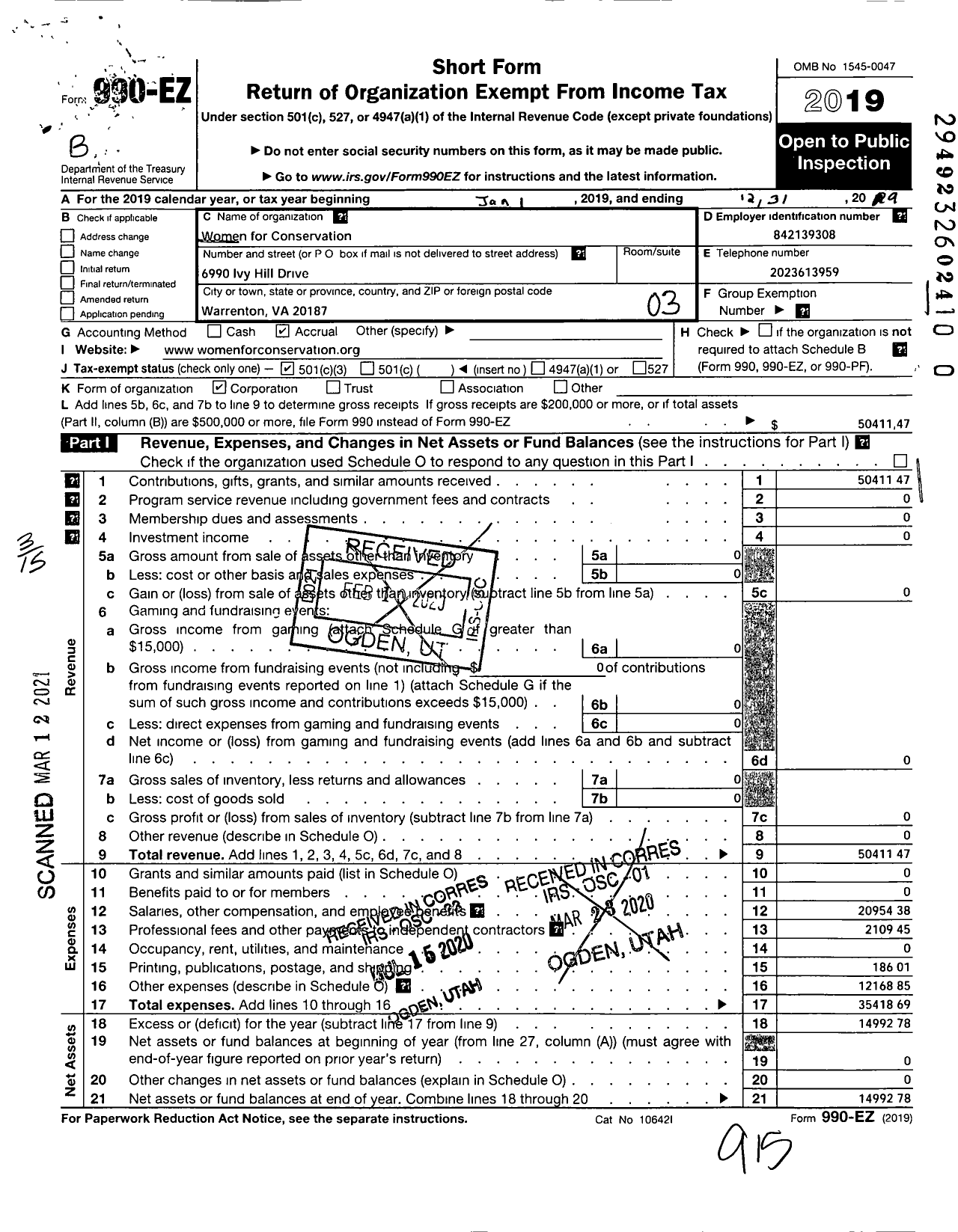 Image of first page of 2019 Form 990EZ for Women for Conservation